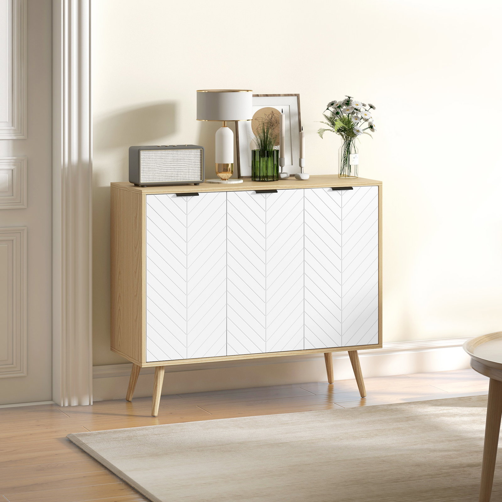 Aparador de cozinha moderno com prateleiras ajustáveis 2 armários e anti-tombo 91,5x35x77,4 cm branco e madeira