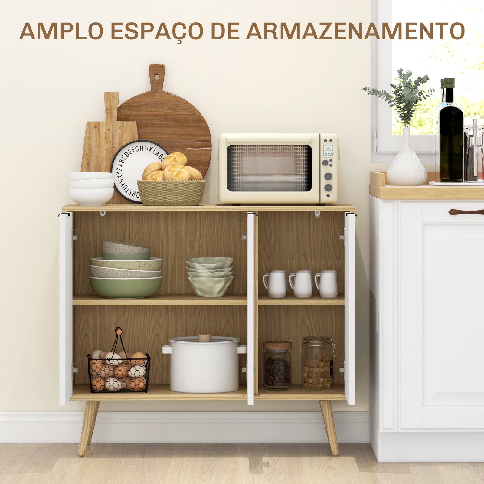 Aparador de cozinha moderno com prateleiras ajustáveis 2 armários e anti-tombo 91,5x35x77,4 cm branco e madeira
