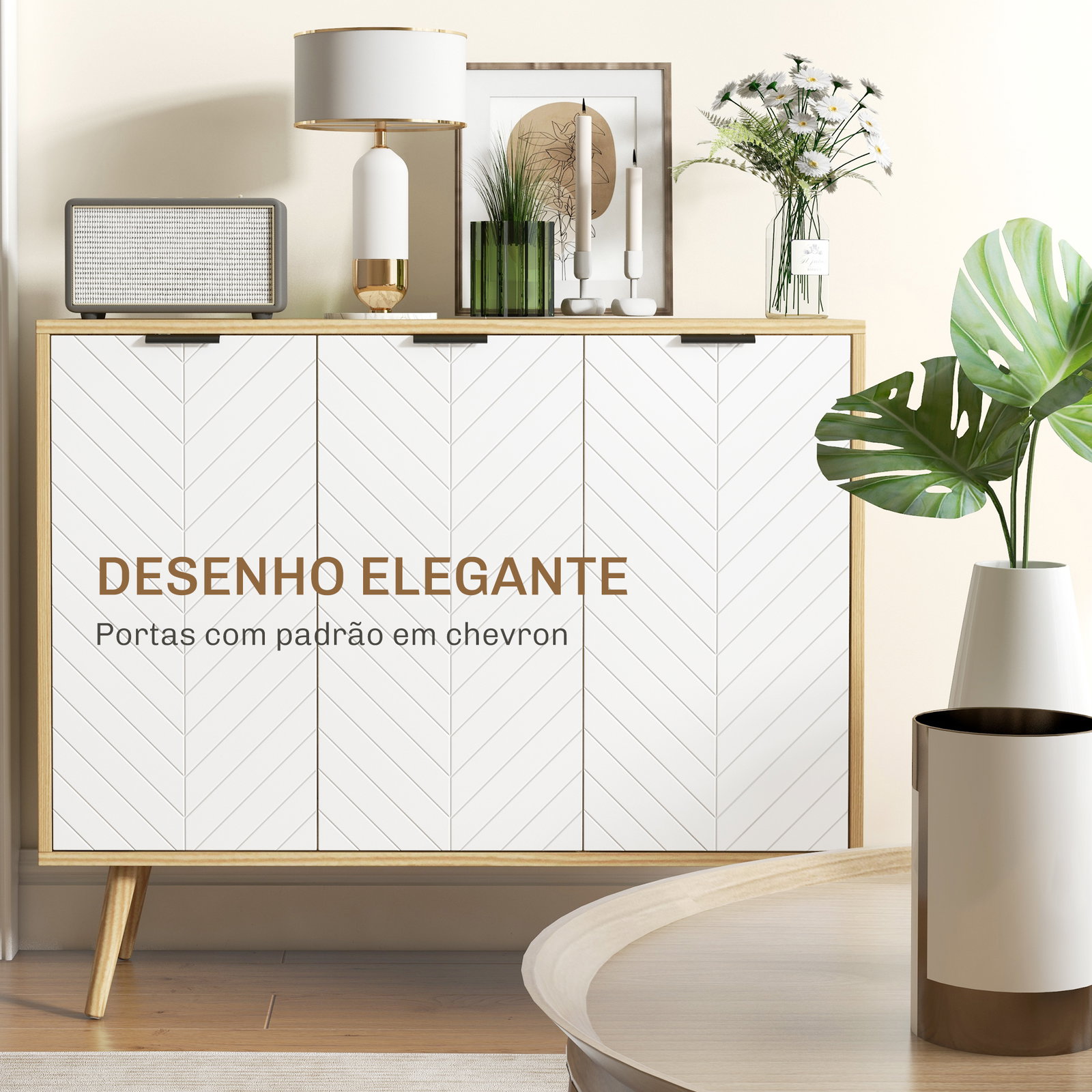 Aparador de cozinha moderno com prateleiras ajustáveis 2 armários e anti-tombo 91,5x35x77,4 cm branco e madeira