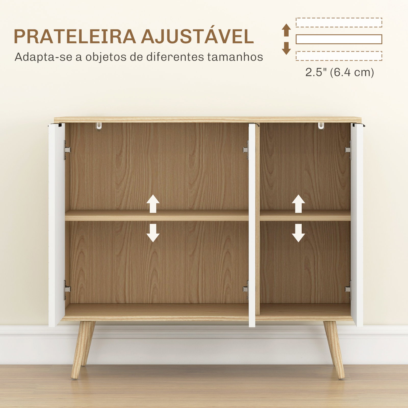 Aparador de cozinha moderno com prateleiras ajustáveis 2 armários e anti-tombo 91,5x35x77,4 cm branco e madeira