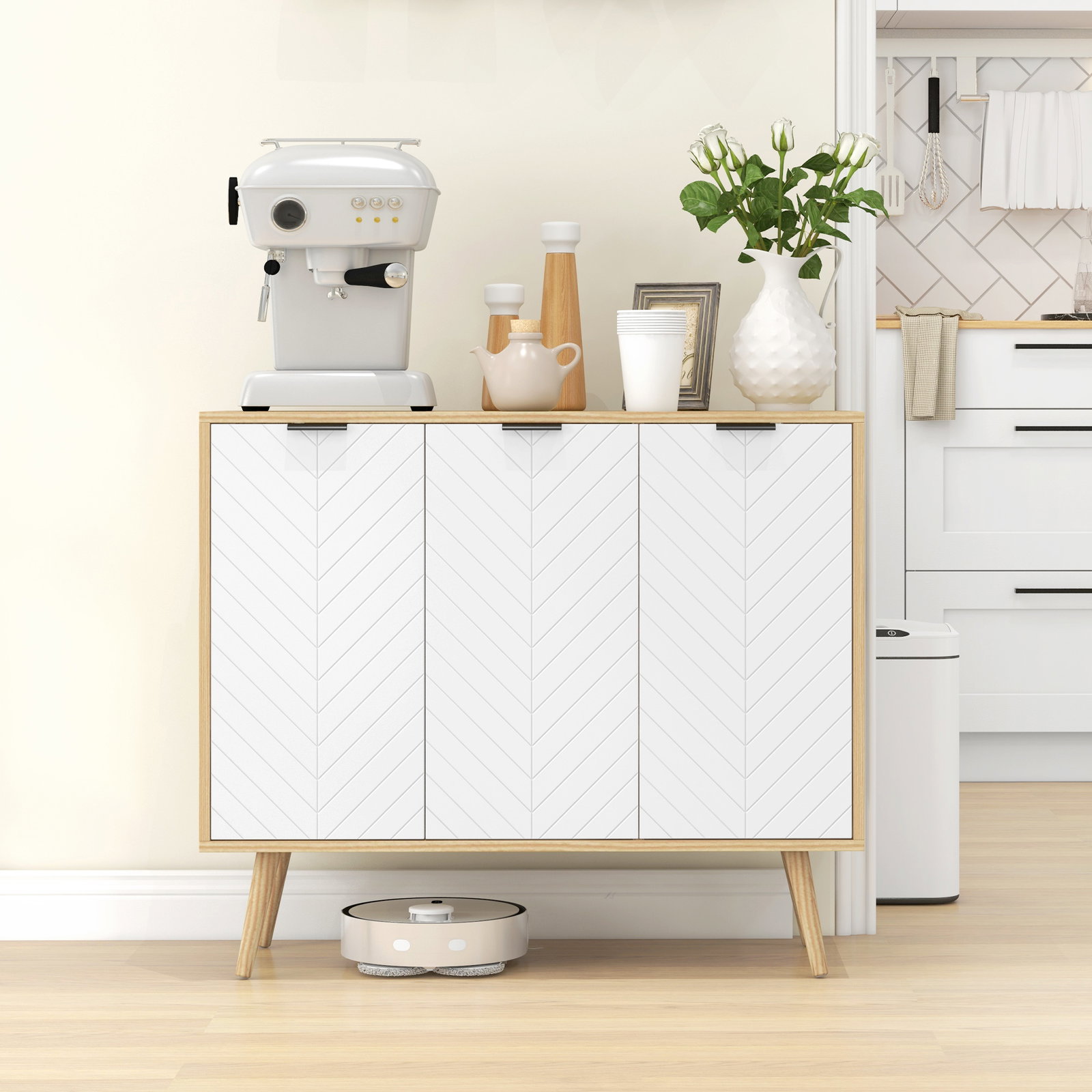 Aparador de cozinha moderno com prateleiras ajustáveis 2 armários e anti-tombo 91,5x35x77,4 cm branco e madeira