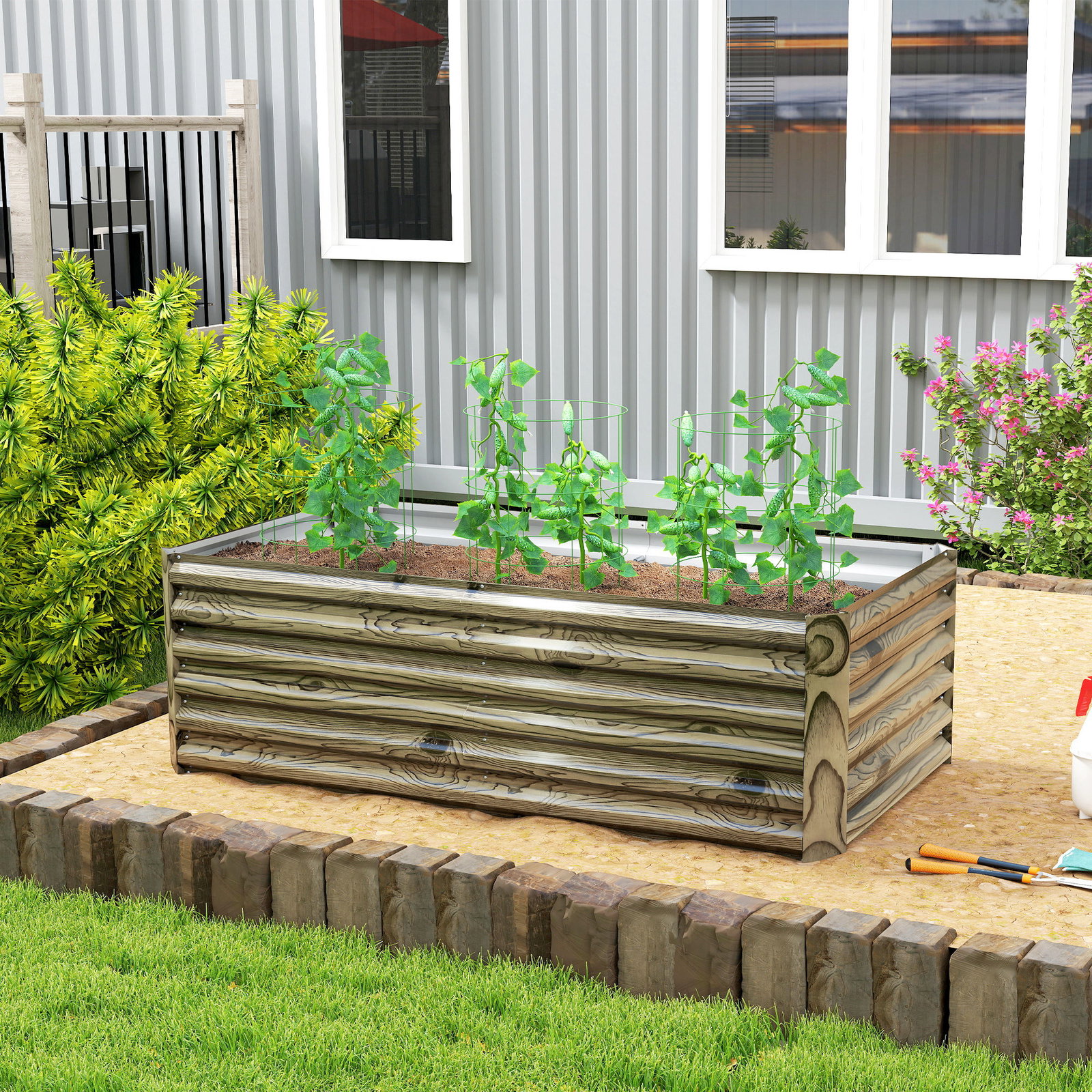 Floreira exterior grande retangular de aço galvanizado para terraço com base aberta 180x90x57,5 cm madeira