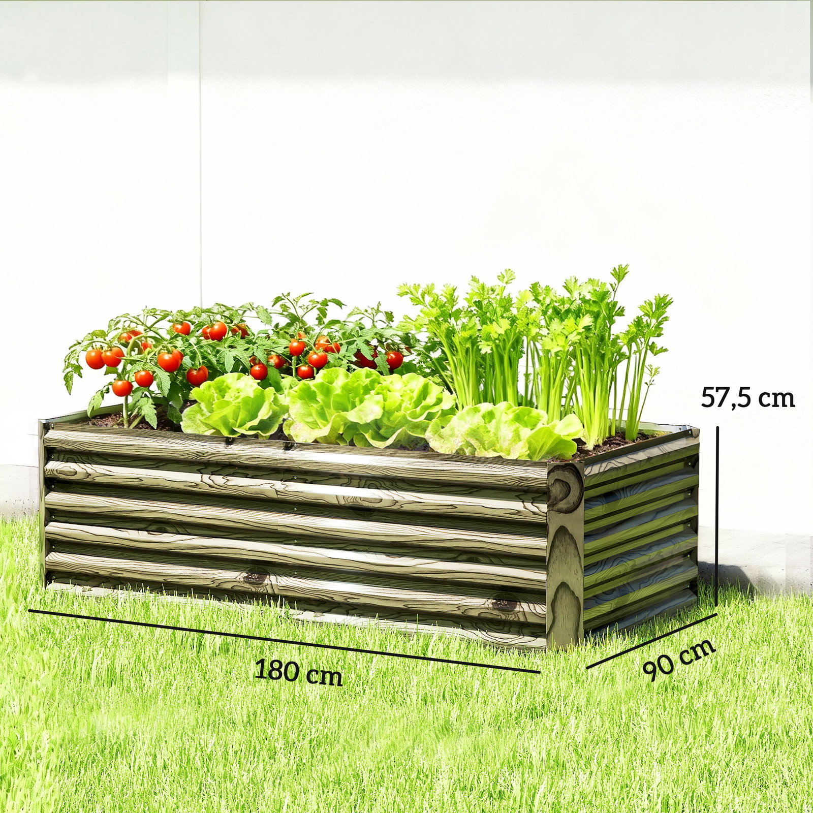Floreira exterior grande retangular de aço galvanizado para terraço com base aberta 180x90x57,5 cm madeira