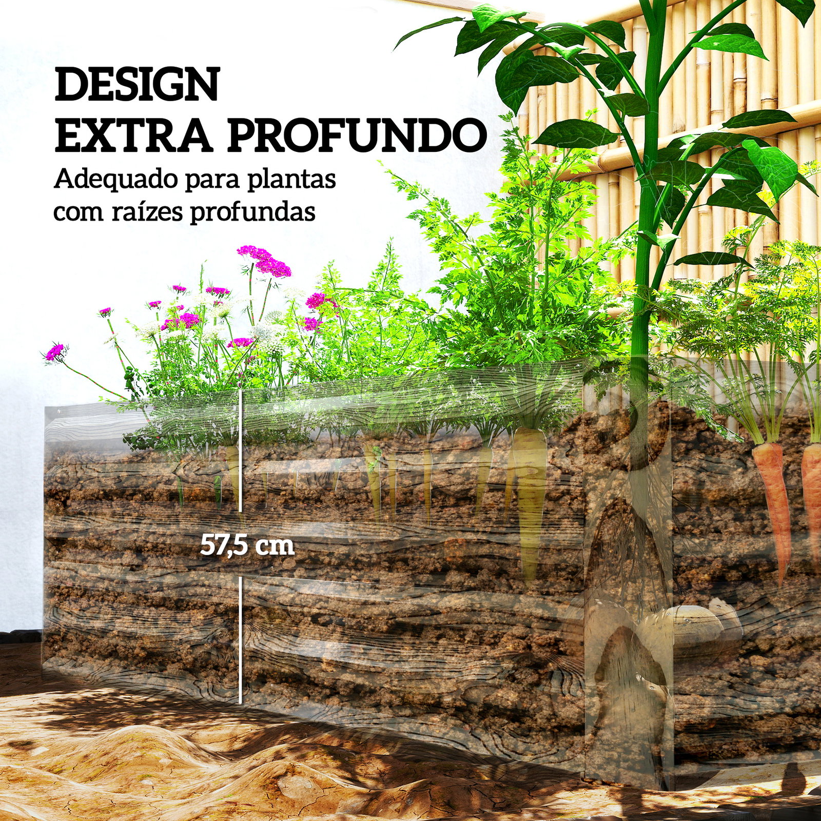 Floreira exterior grande retangular de aço galvanizado para terraço com base aberta 180x90x57,5 cm madeira