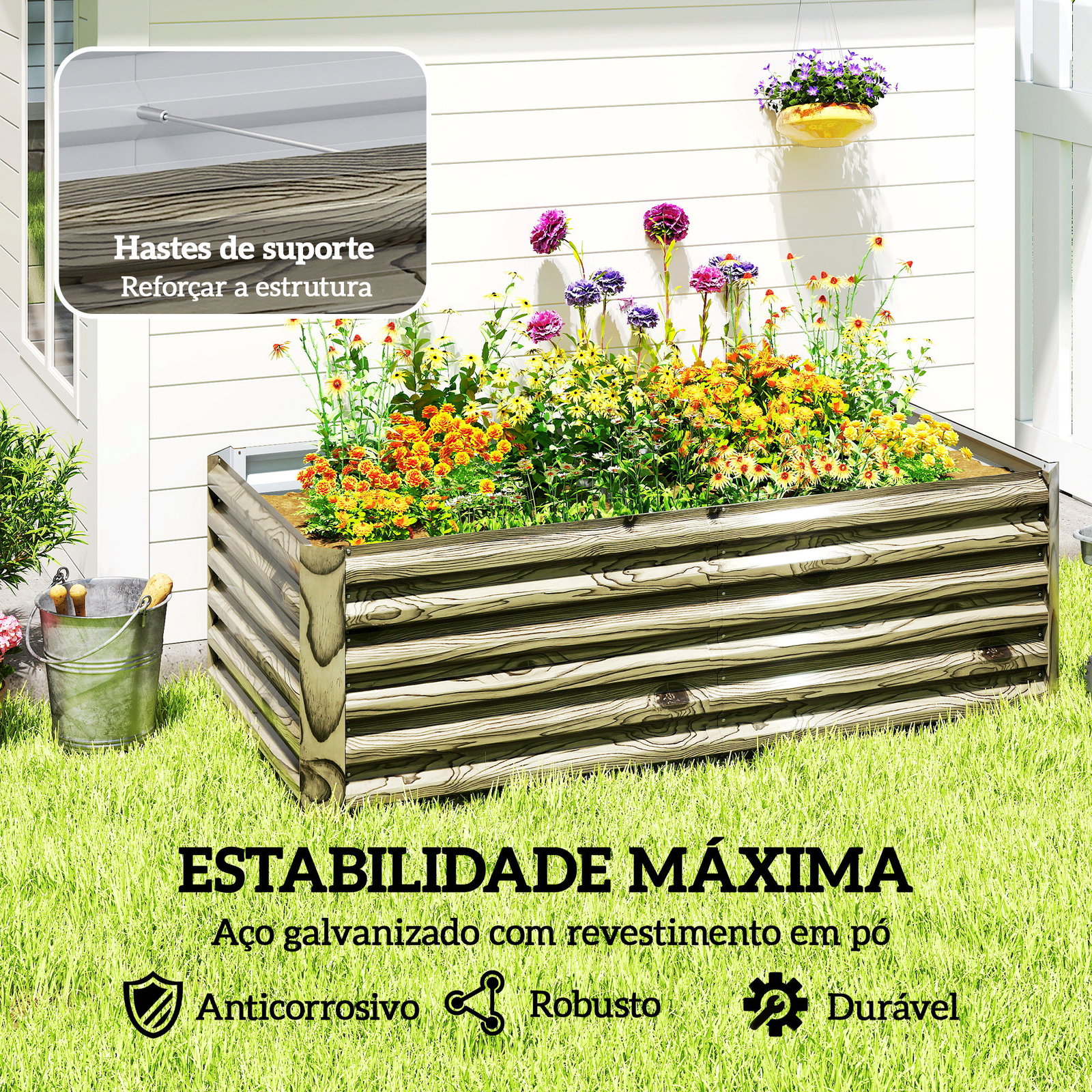 Floreira exterior grande retangular de aço galvanizado para terraço com base aberta 180x90x57,5 cm madeira