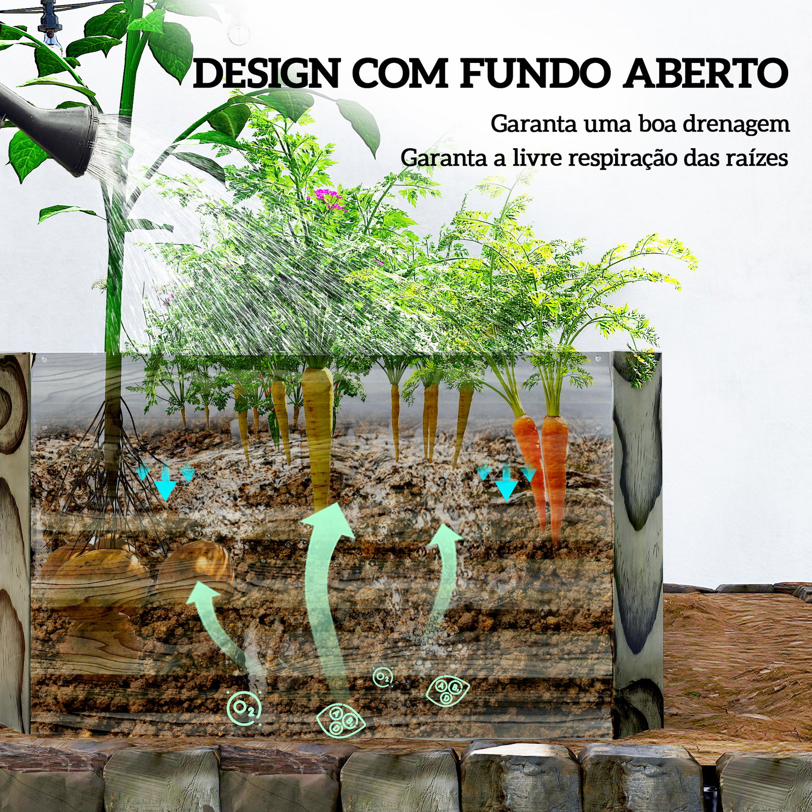 Floreira exterior grande retangular de aço galvanizado para terraço com base aberta 180x90x57,5 cm madeira