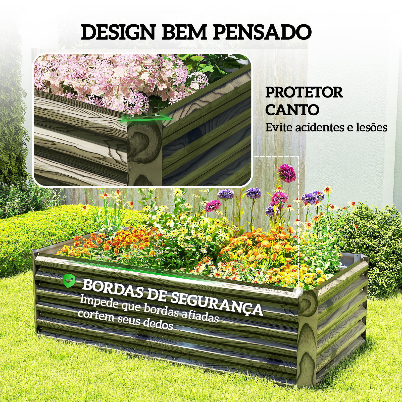 Floreira exterior grande retangular de aço galvanizado para terraço com base aberta 180x90x57,5 cm madeira