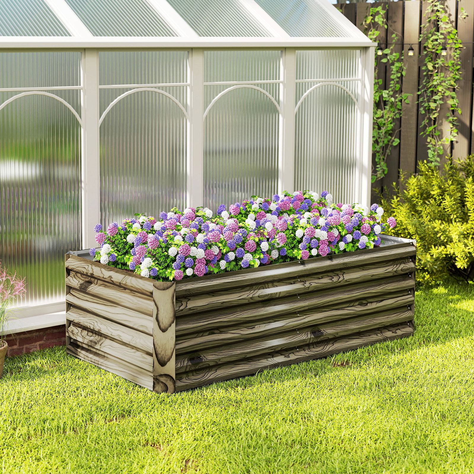 Floreira exterior grande retangular de aço galvanizado para terraço com base aberta 180x90x57,5 cm madeira