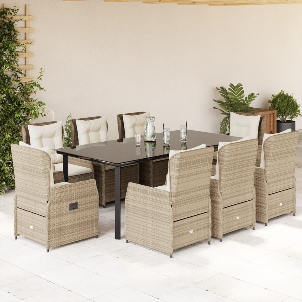 9 Pcs conjunto de jantar p/ jardim com almofadões vime PE bege