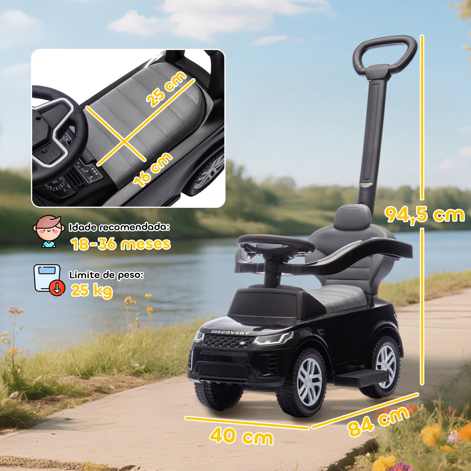 Carro andador 2 em 1 para crianças land rover discovery com buzina pega de empurrar e barra removíveis 84x40x94,5 cm preto