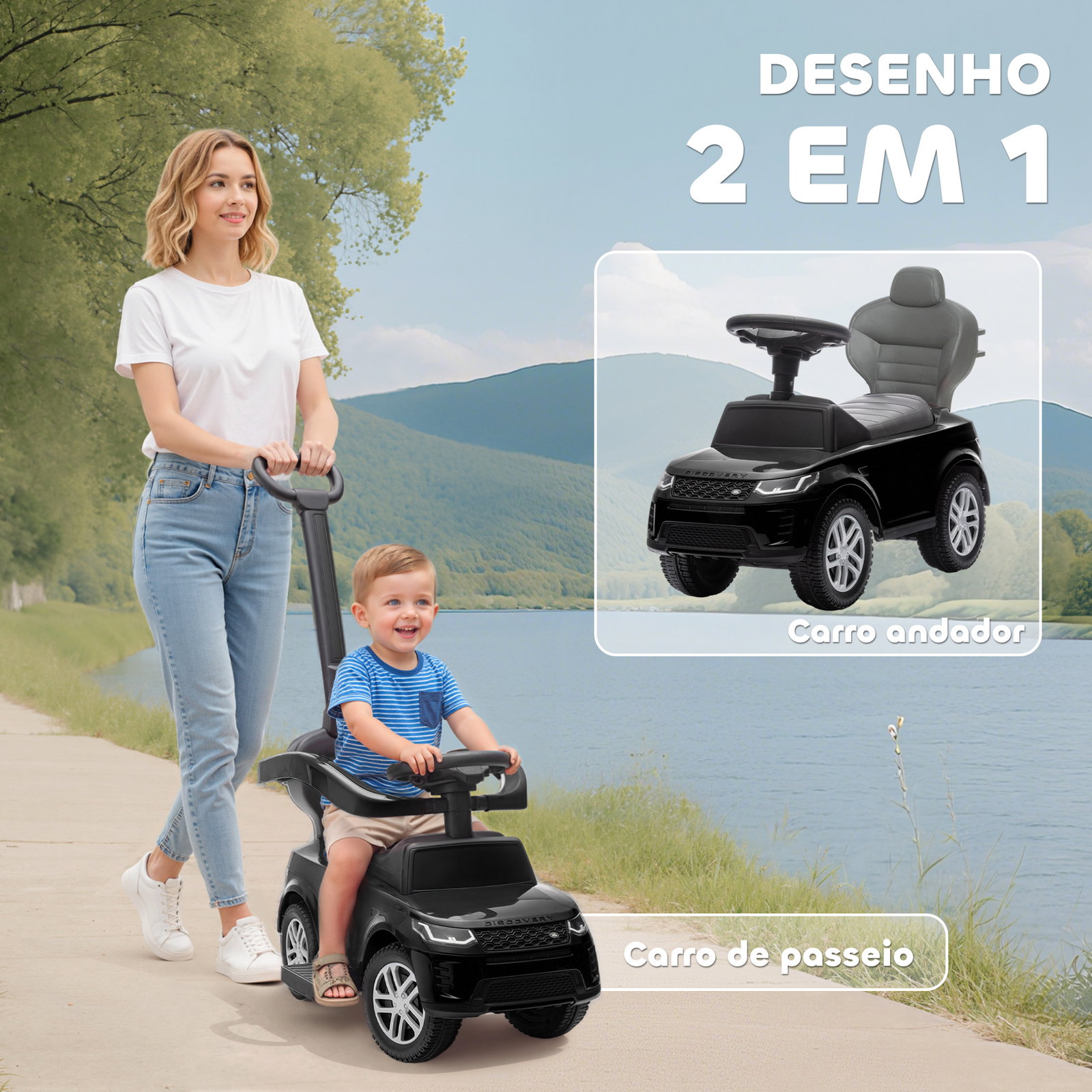 Carro andador 2 em 1 para crianças land rover discovery com buzina pega de empurrar e barra removíveis 84x40x94,5 cm preto