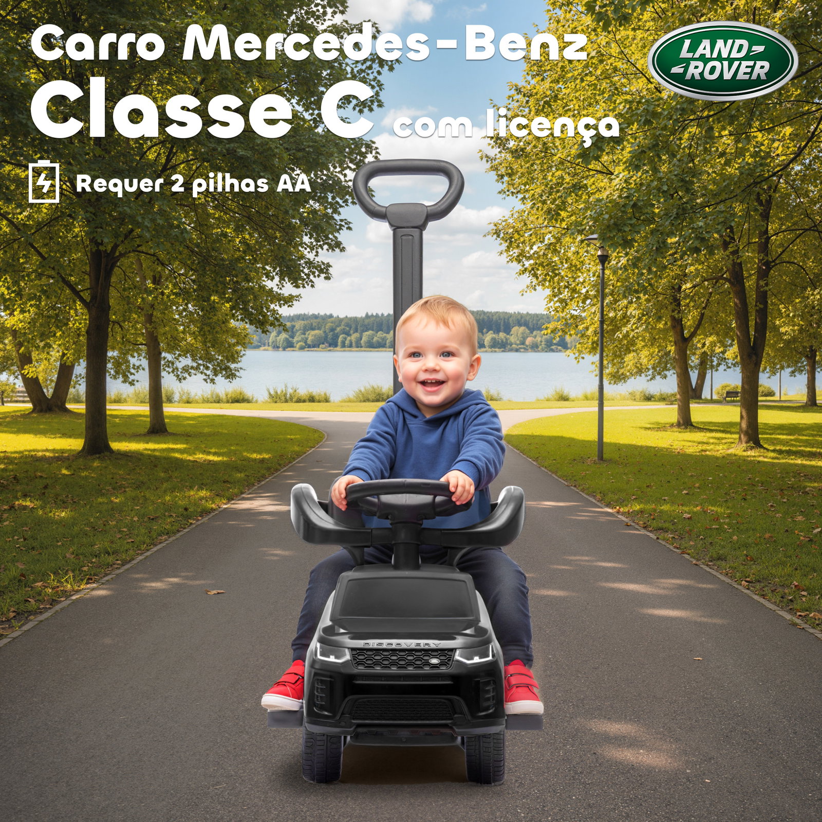 Carro andador 2 em 1 para crianças land rover discovery com buzina pega de empurrar e barra removíveis 84x40x94,5 cm preto