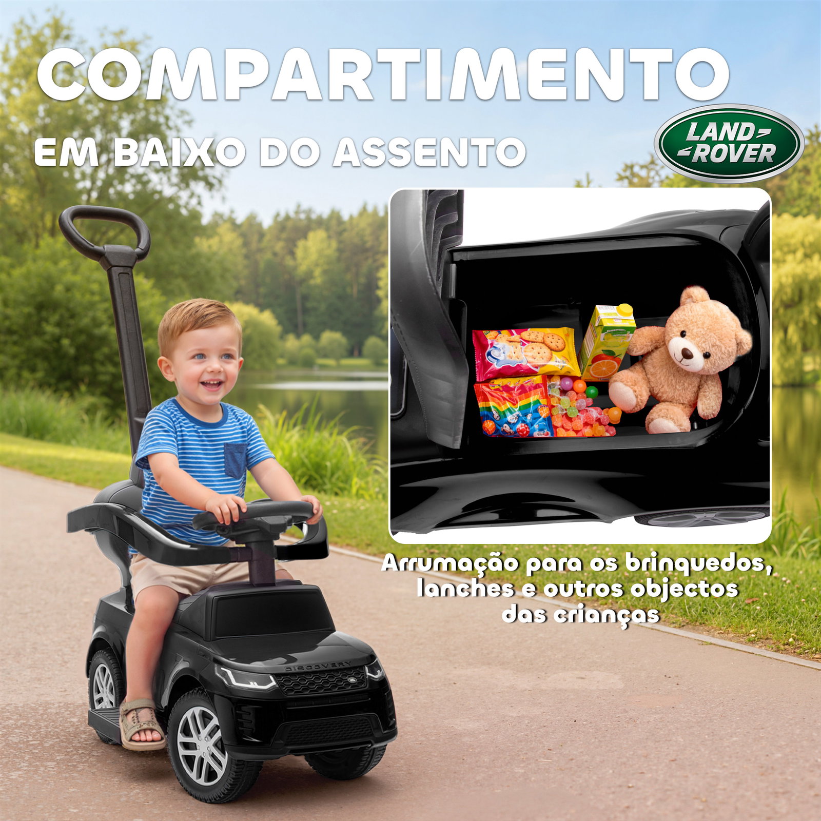 Carro andador 2 em 1 para crianças land rover discovery com buzina pega de empurrar e barra removíveis 84x40x94,5 cm preto