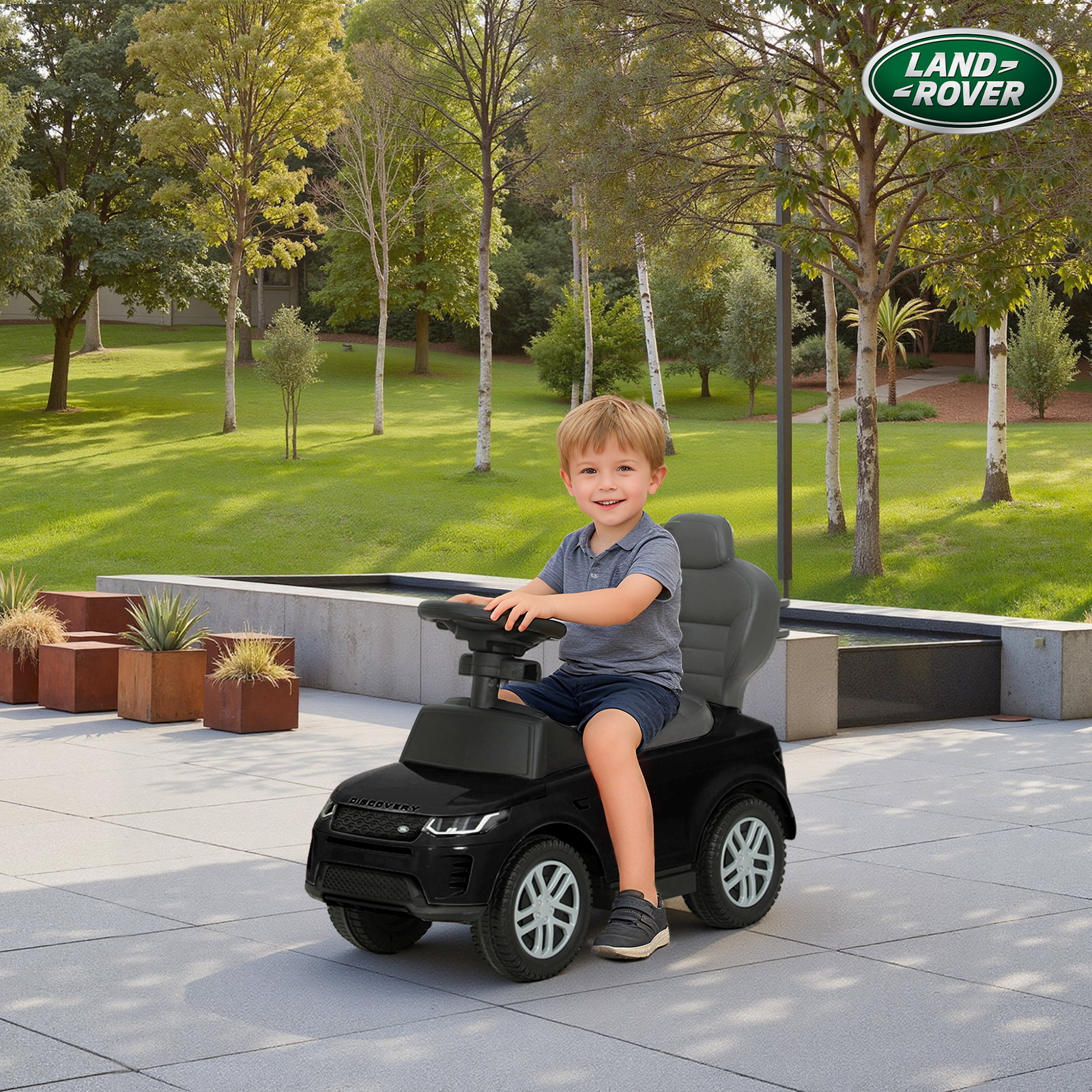 Carro andador 2 em 1 para crianças land rover discovery com buzina pega de empurrar e barra removíveis 84x40x94,5 cm preto