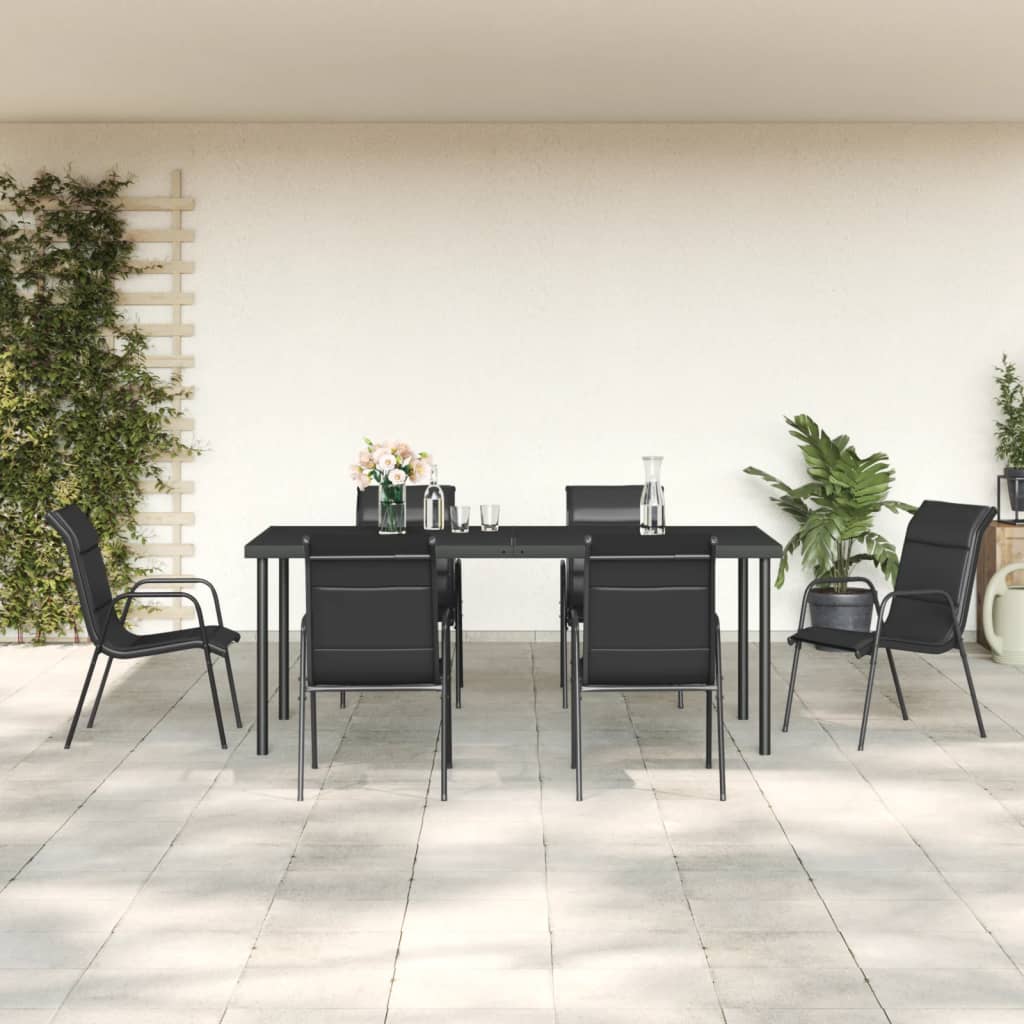 7 Pcs conjunto de jantar para jardim aço e textilene preto
