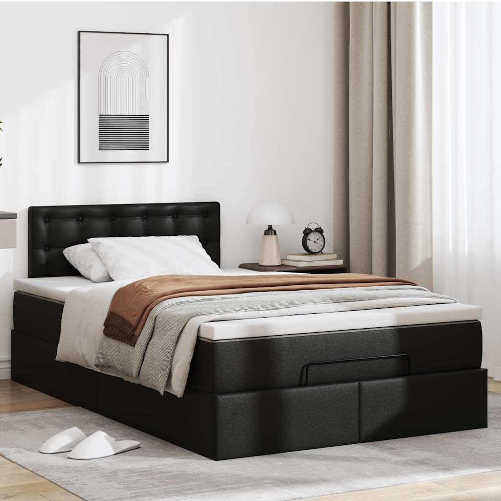 Estrutura de cama otomana com colchão preto couro falso