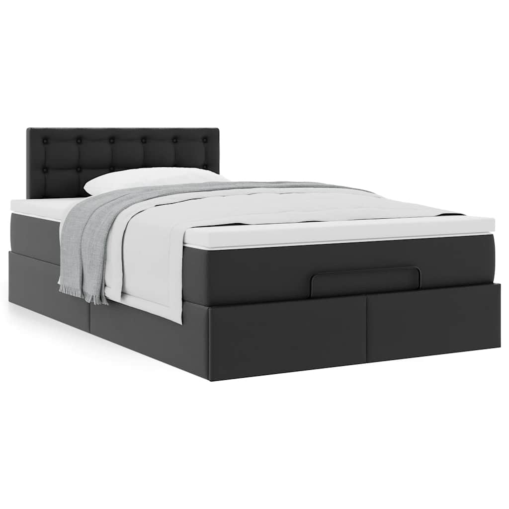 Estrutura de cama otomana com colchão preto couro falso