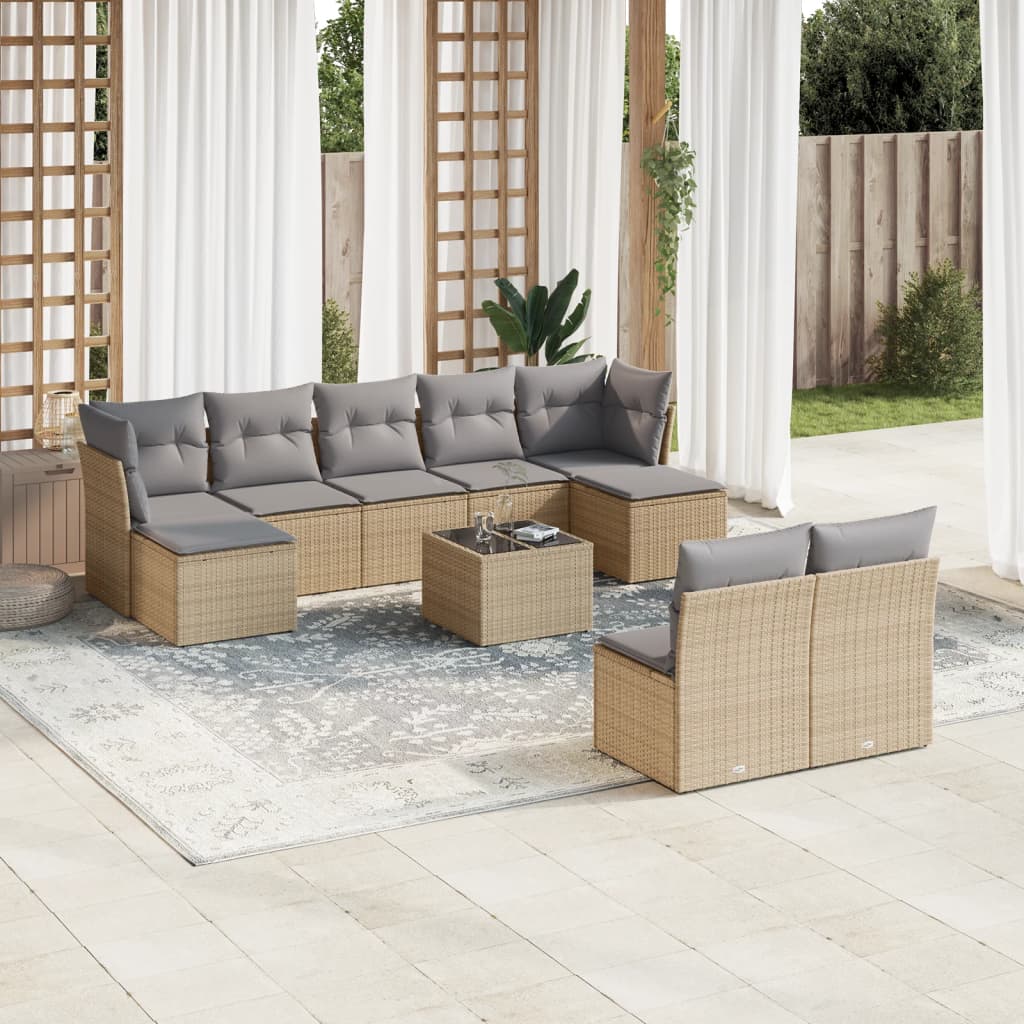 10 Pcs conjunto de sofás p/ jardim com almofadões vime PE bege