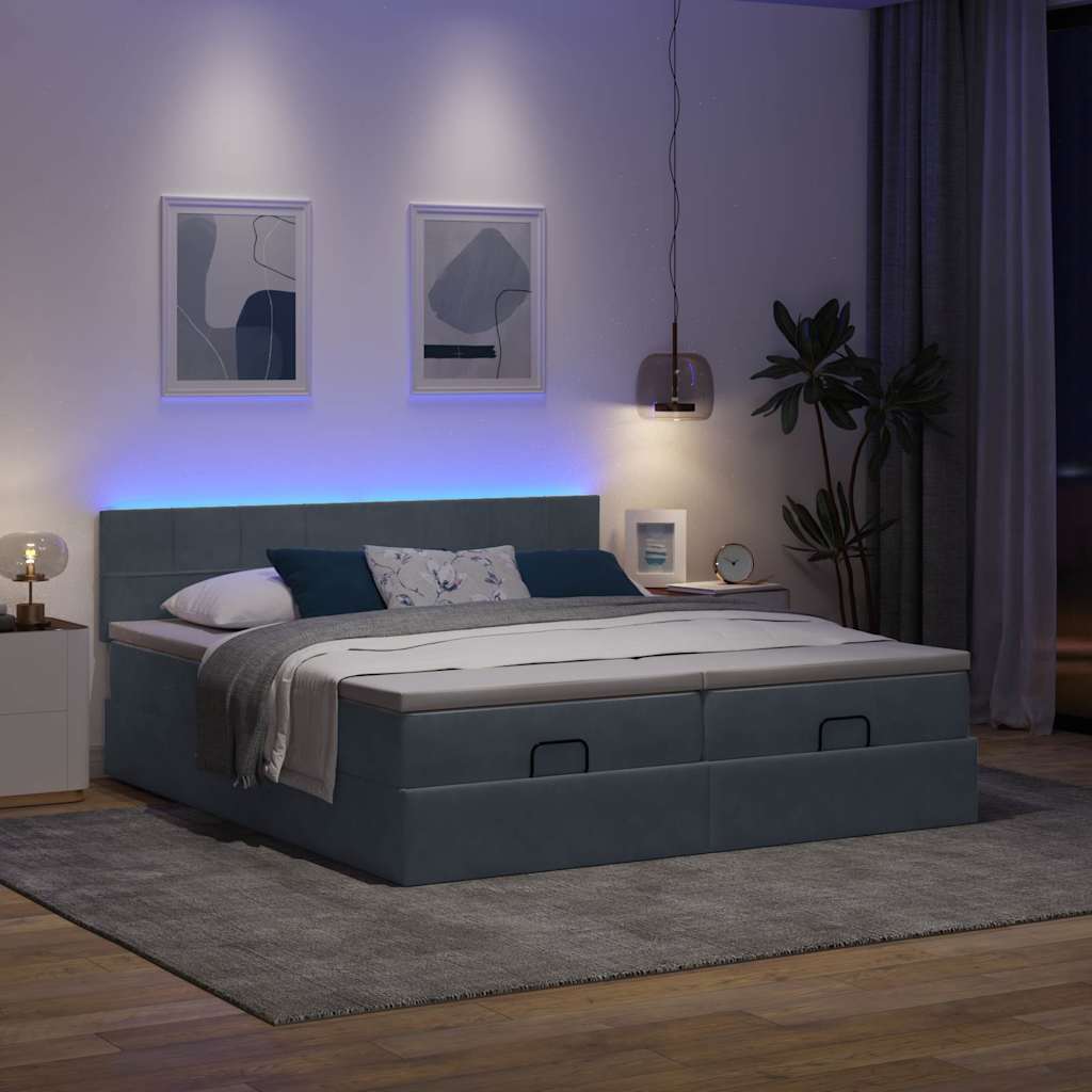 Moldura de cama otomana com colchão cinza escuro veludo