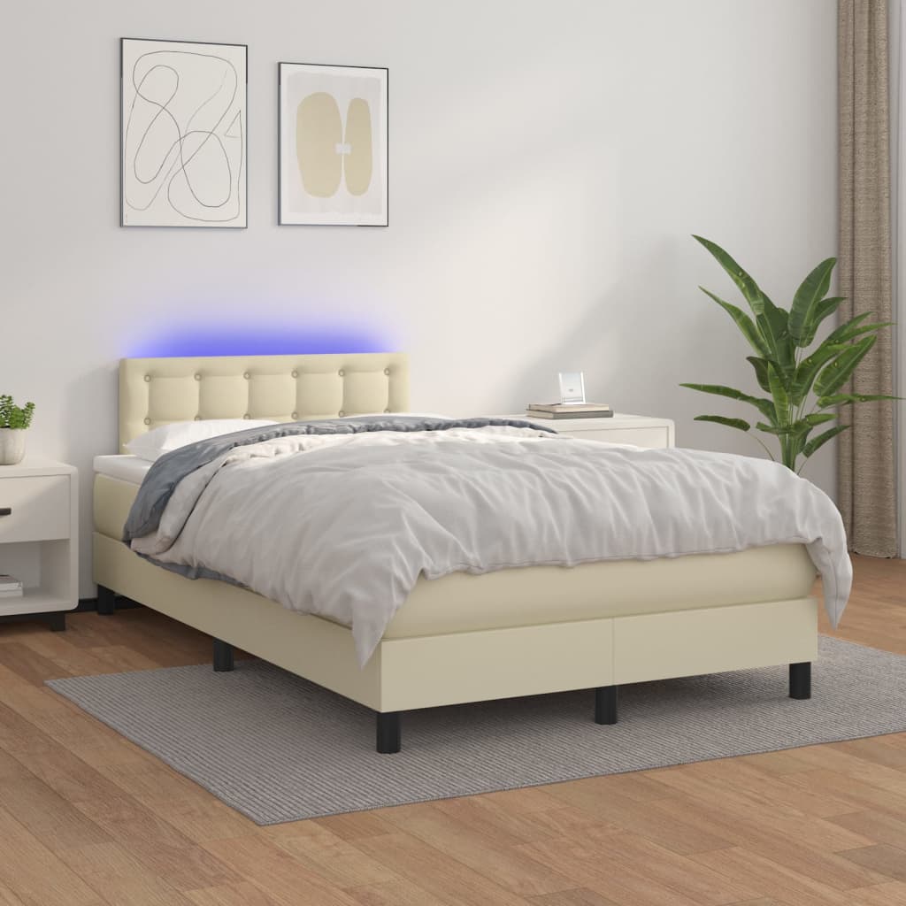 Cama box spring c/ colchão/LED 120x200cm couro artificial creme