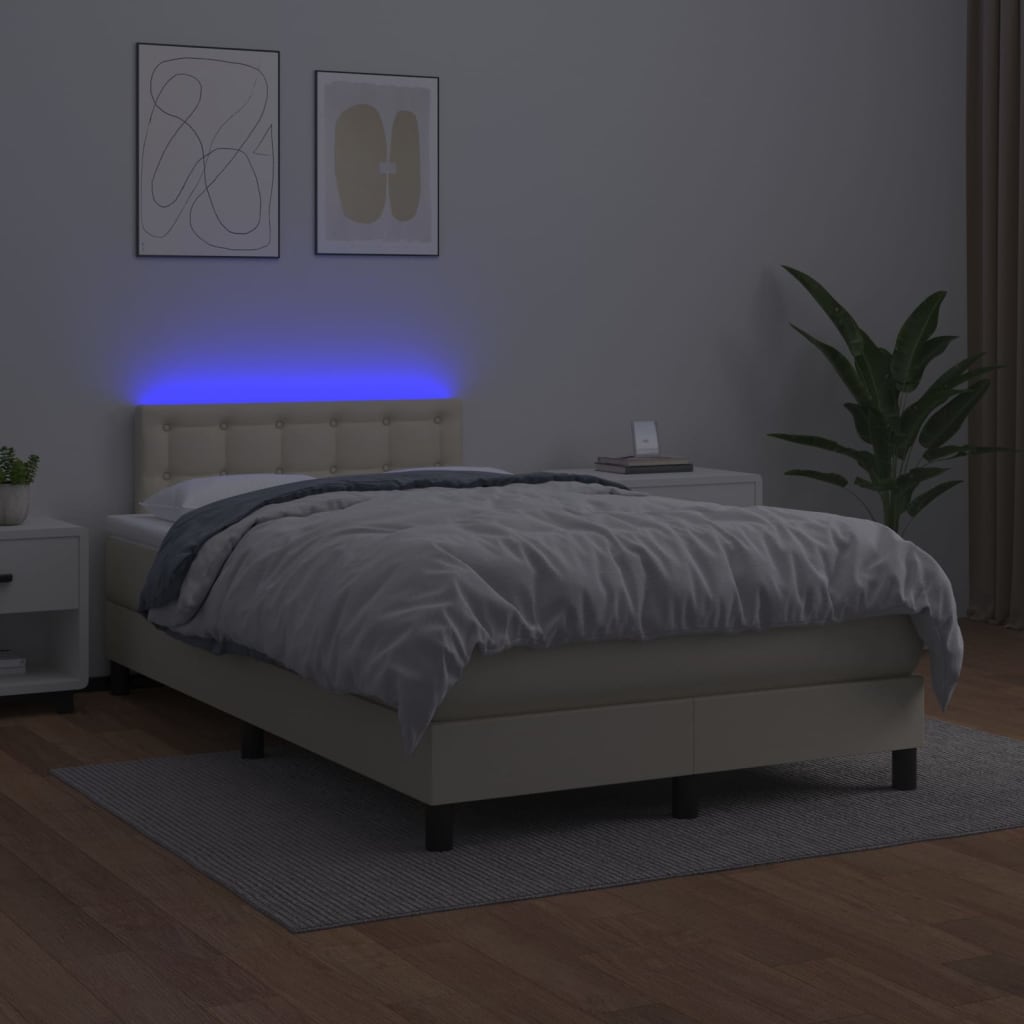 Cama box spring c/ colchão/LED 120x200cm couro artificial creme