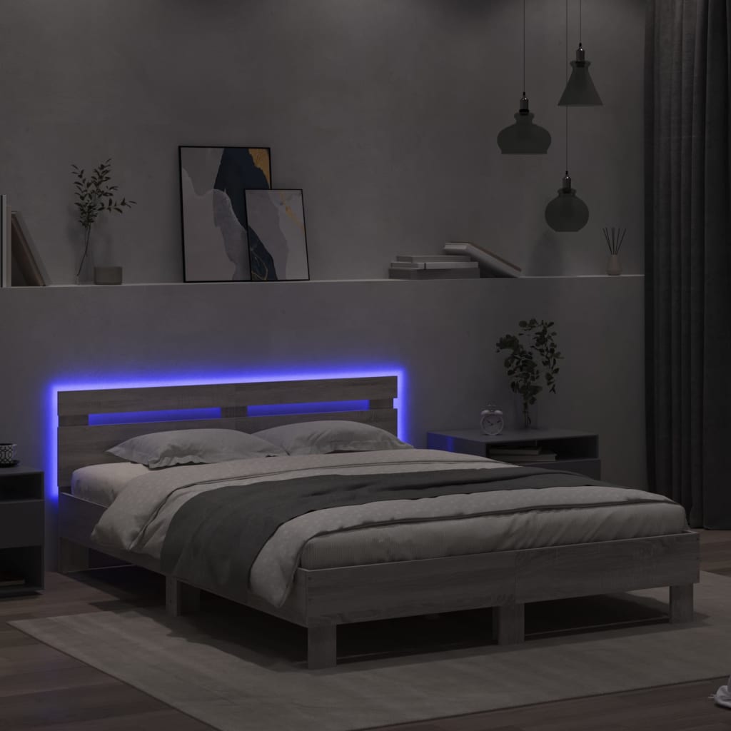 Estrutura cama c/ cabeceira/luzes LED 150x200cm cinzento sonoma