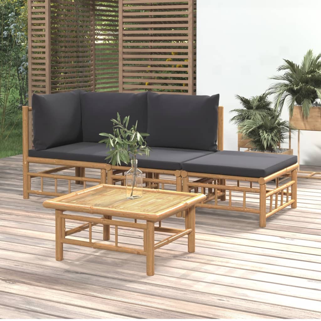 4Pcs conj. lounge de jardim bambu c/ almofadões cinzento-escuro
