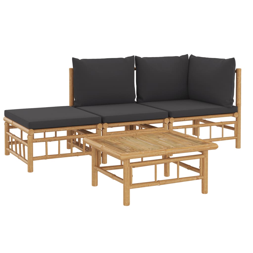 4Pcs conj. lounge de jardim bambu c/ almofadões cinzento-escuro