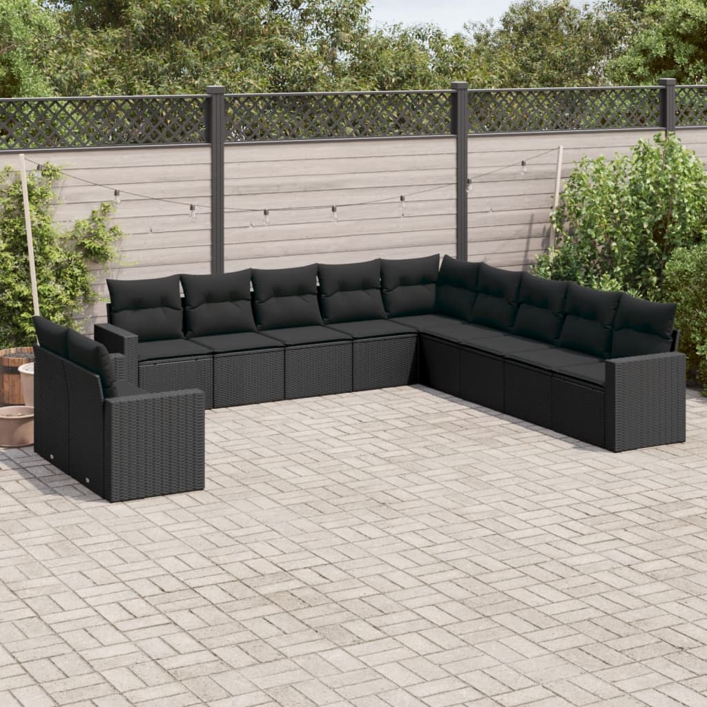 11 Pcs conjunto sofás de jardim c/ almofadões vime PE preto