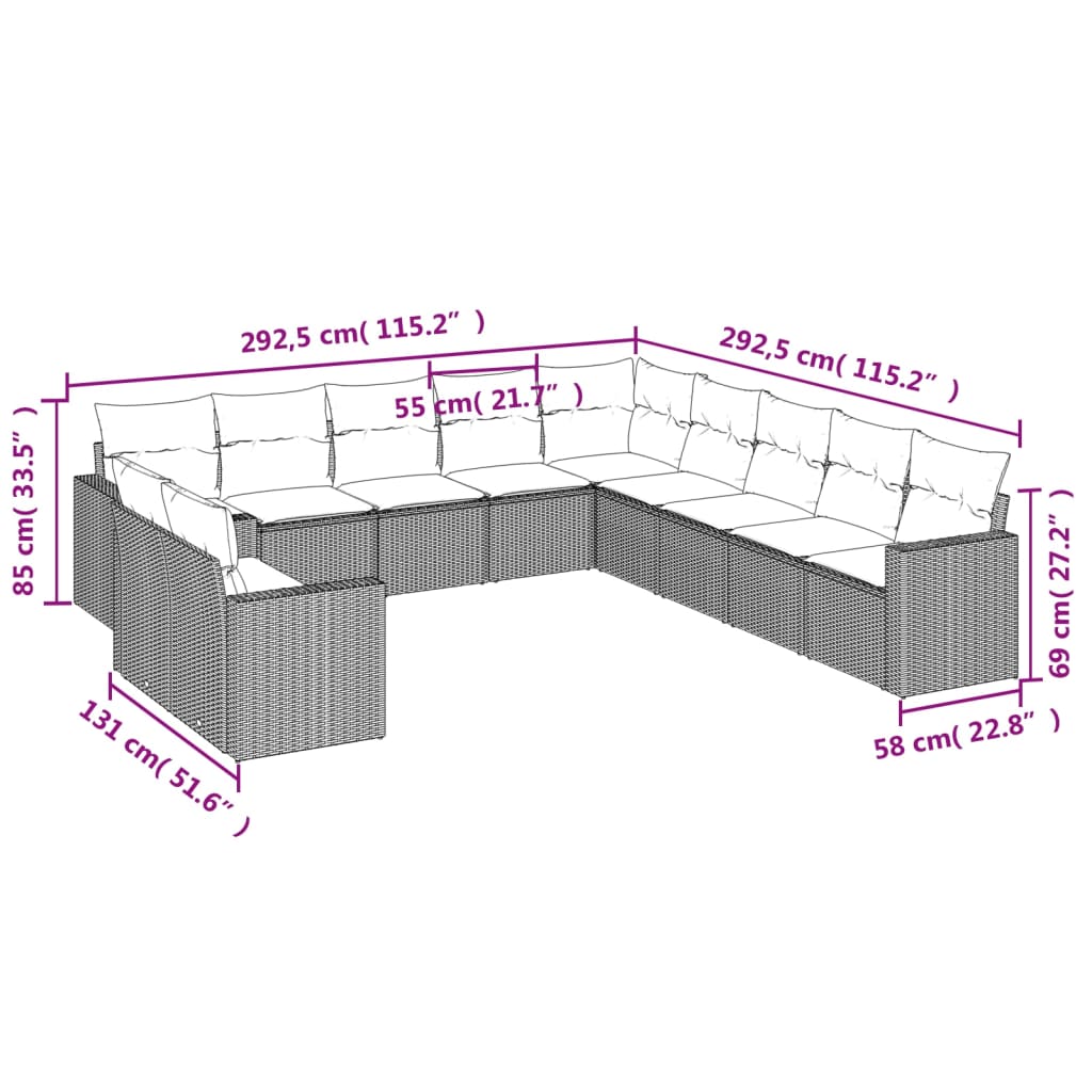 11 Pcs conjunto sofás de jardim c/ almofadões vime PE preto
