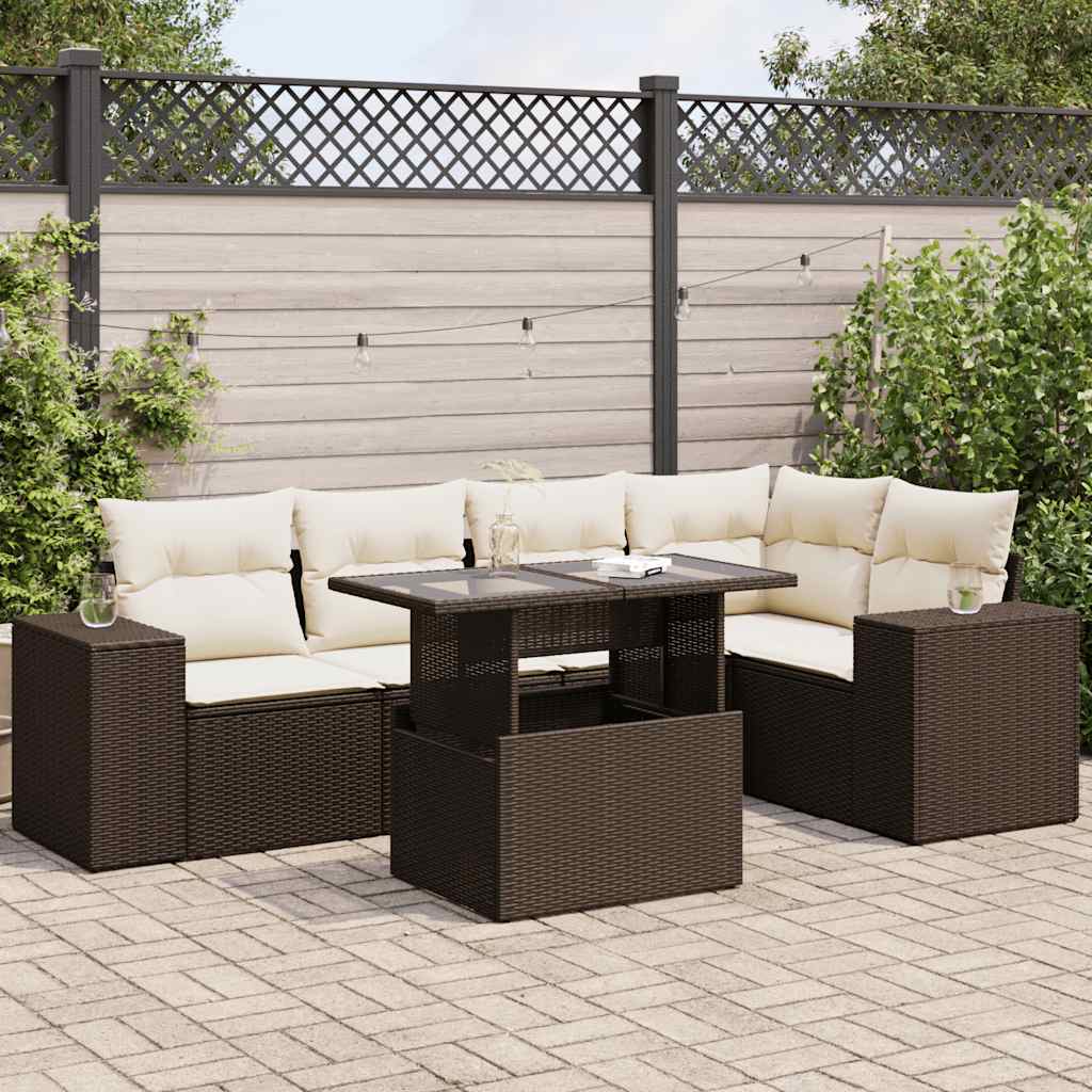 6 Pcs conjunto de sofás jardim c/ almofadões vime PE castanho