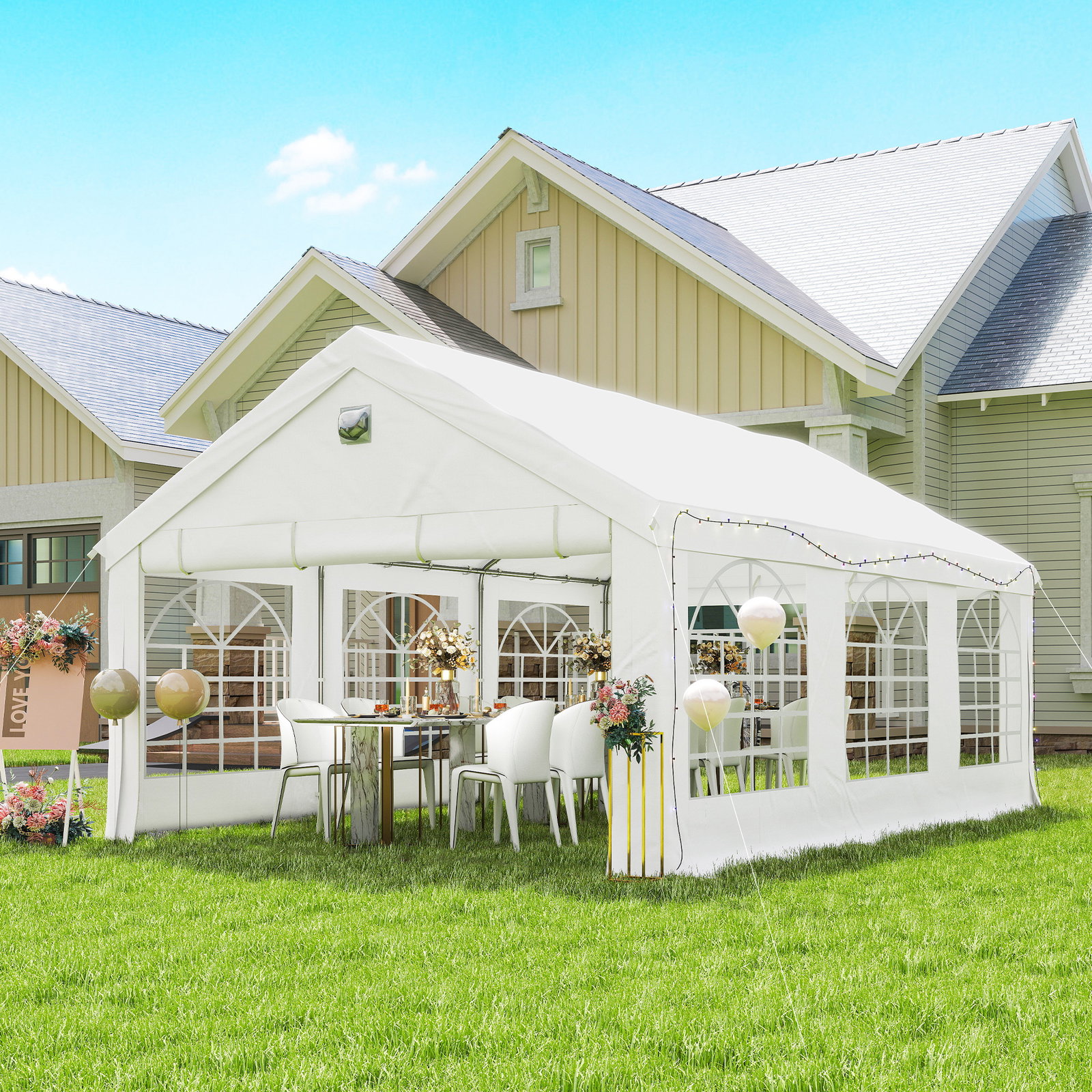 Tenda para festas 4x6 m com luzes LED, paredes removíveis, 2 portas e janelas, upf30+, branco