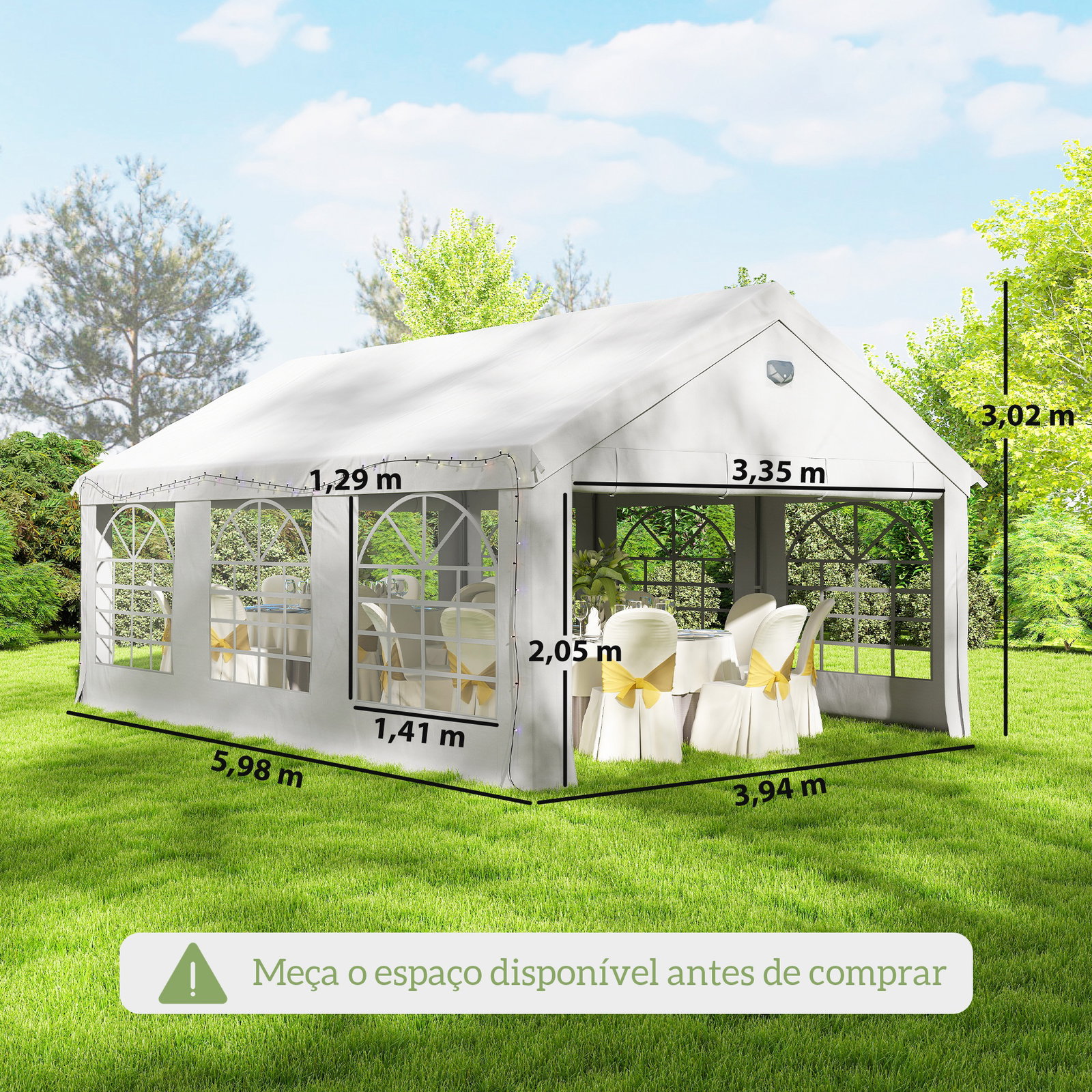 Tenda para festas 4x6 m com luzes LED, paredes removíveis, 2 portas e janelas, upf30+, branco