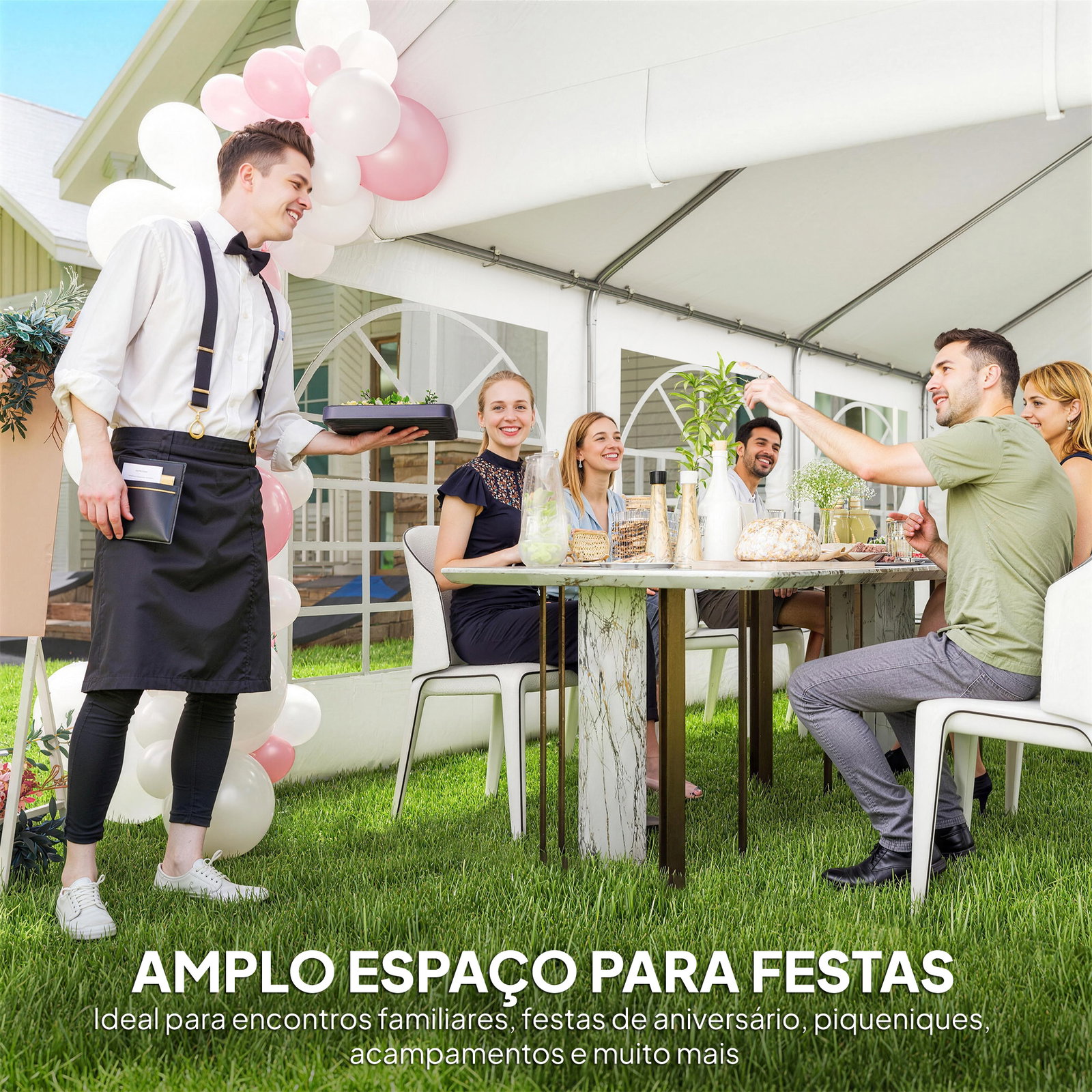 Tenda para festas 4x6 m com luzes LED, paredes removíveis, 2 portas e janelas, upf30+, branco