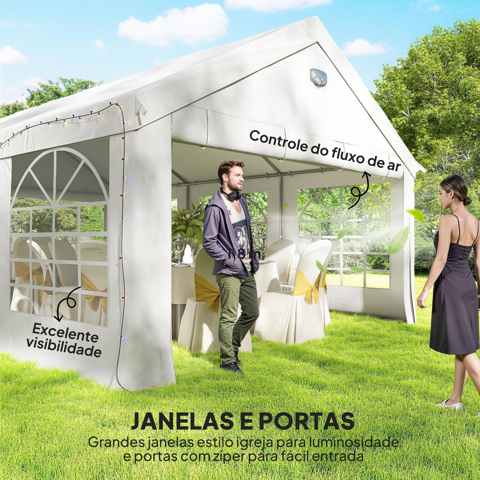 Tenda para festas 4x6 m com luzes LED, paredes removíveis, 2 portas e janelas, upf30+, branco