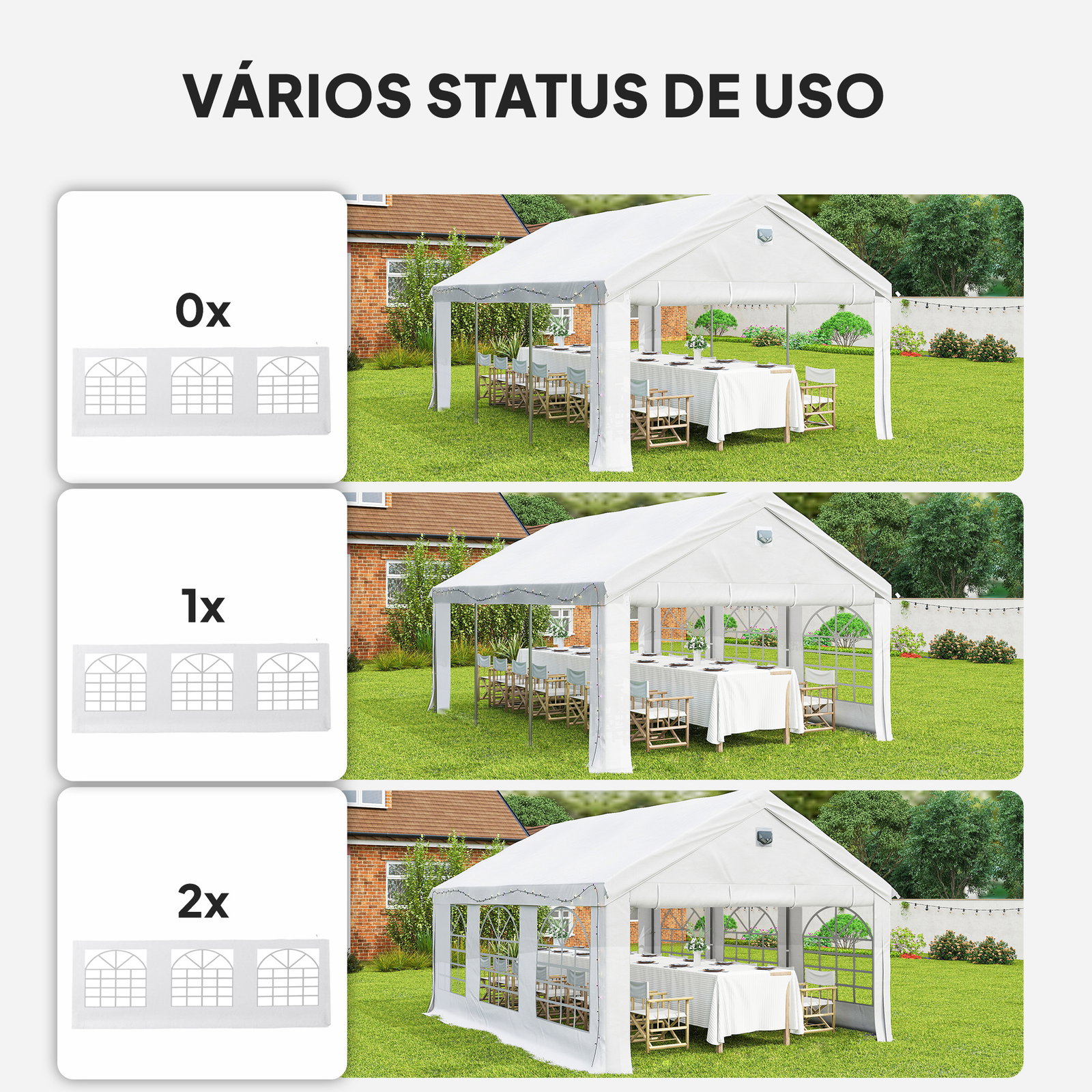 Tenda para festas 4x6 m com luzes LED, paredes removíveis, 2 portas e janelas, upf30+, branco
