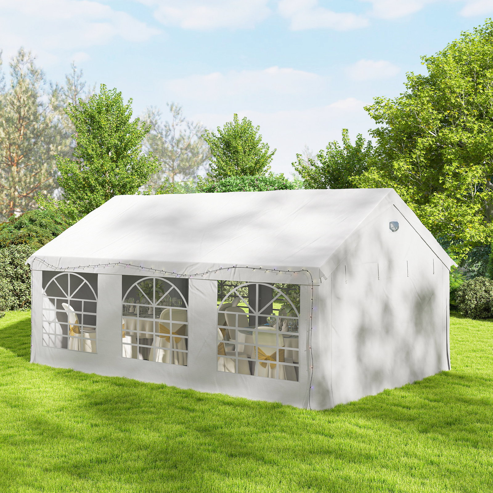 Tenda para festas 4x6 m com luzes LED, paredes removíveis, 2 portas e janelas, upf30+, branco