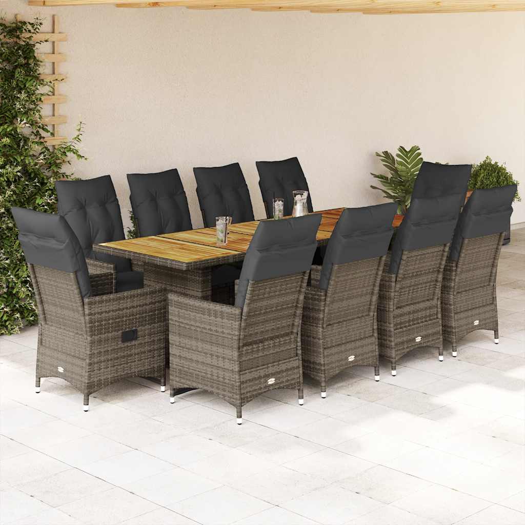 11 Pcs conjunto bistrô de jardim c/ almofadões vime PE cinzento