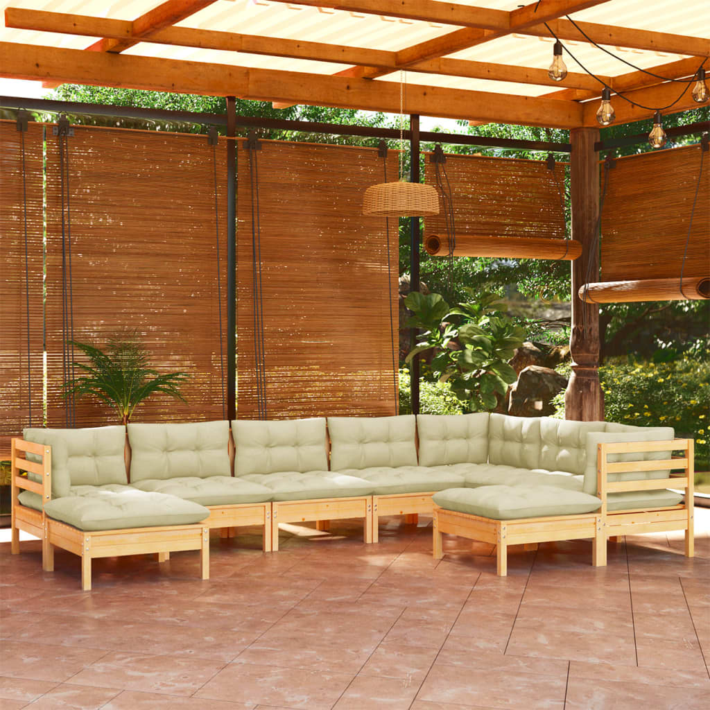 9 Pcs conjunto lounge jardim c/ almofadões creme pinho maciço