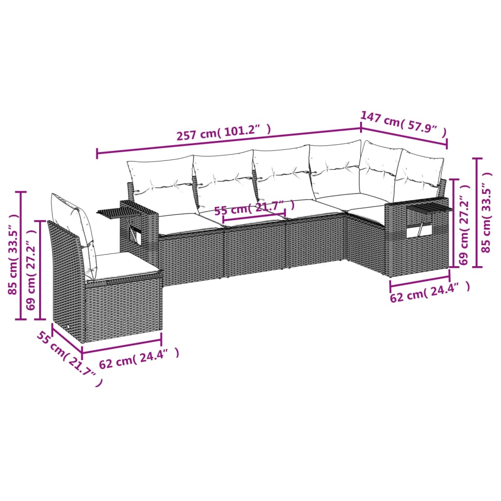 6 Pcs conjunto sofás de jardim c/ almofadões vime PE preto