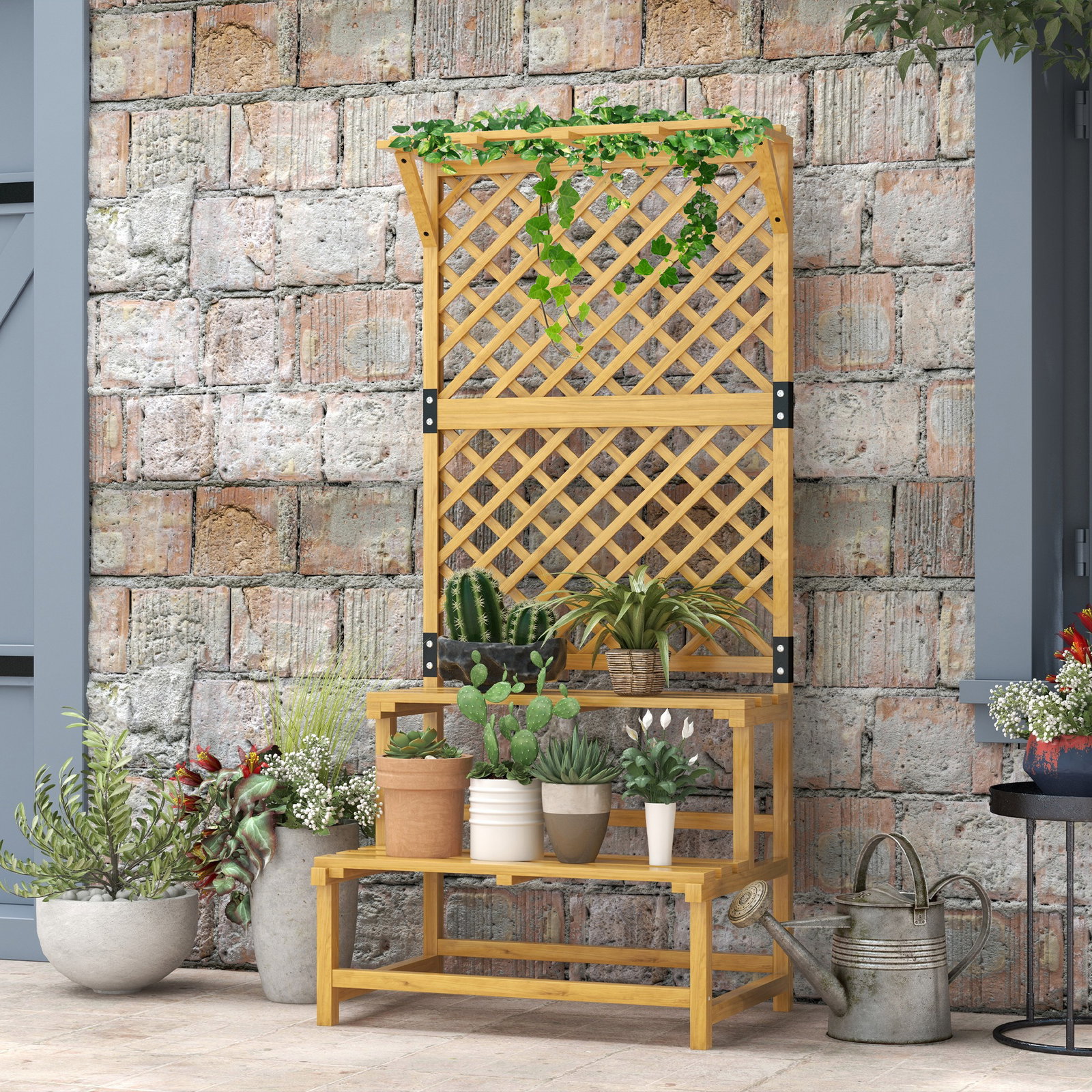 Suporte para plantas de madeira com treliça suporte para vasos de 2 níveis para jardim pátio terraço 75x50x166 cm natural