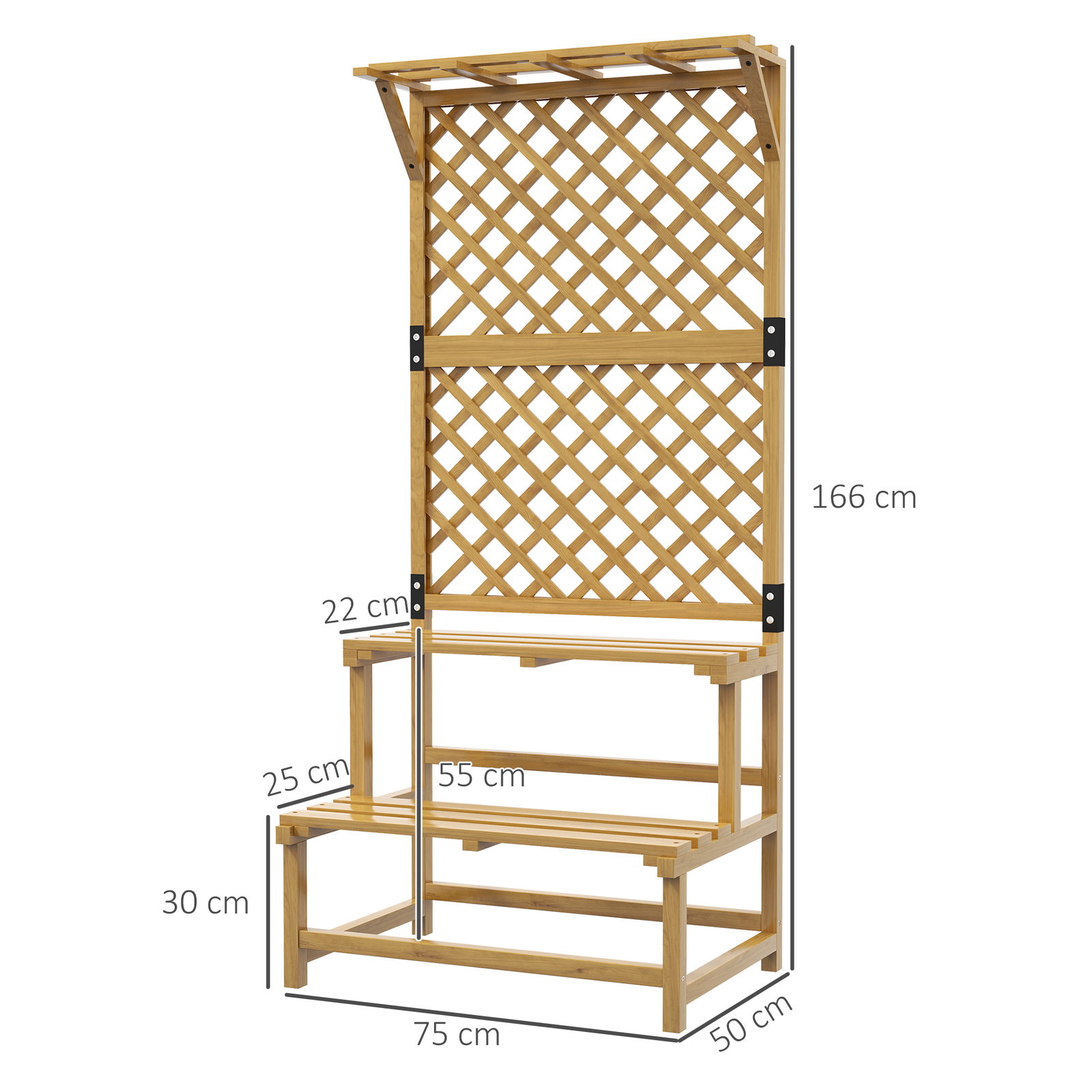 Suporte para plantas de madeira com treliça suporte para vasos de 2 níveis para jardim pátio terraço 75x50x166 cm natural