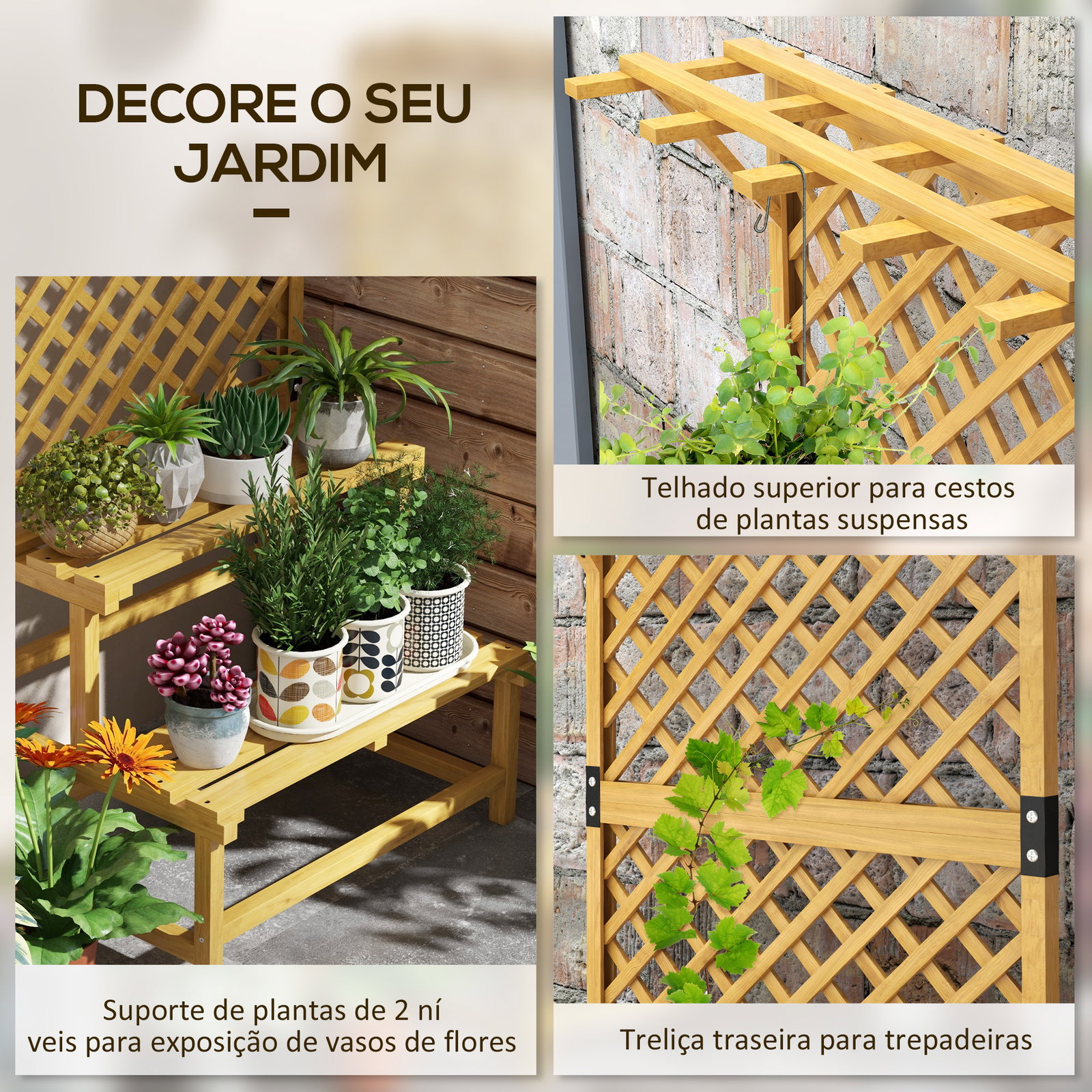 Suporte para plantas de madeira com treliça suporte para vasos de 2 níveis para jardim pátio terraço 75x50x166 cm natural