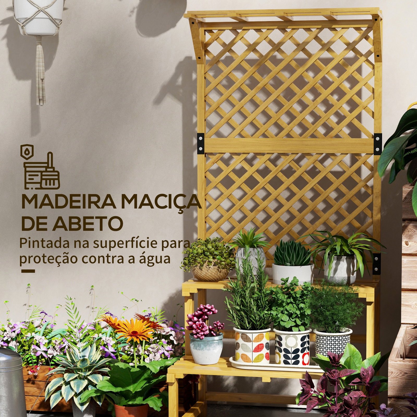 Suporte para plantas de madeira com treliça suporte para vasos de 2 níveis para jardim pátio terraço 75x50x166 cm natural