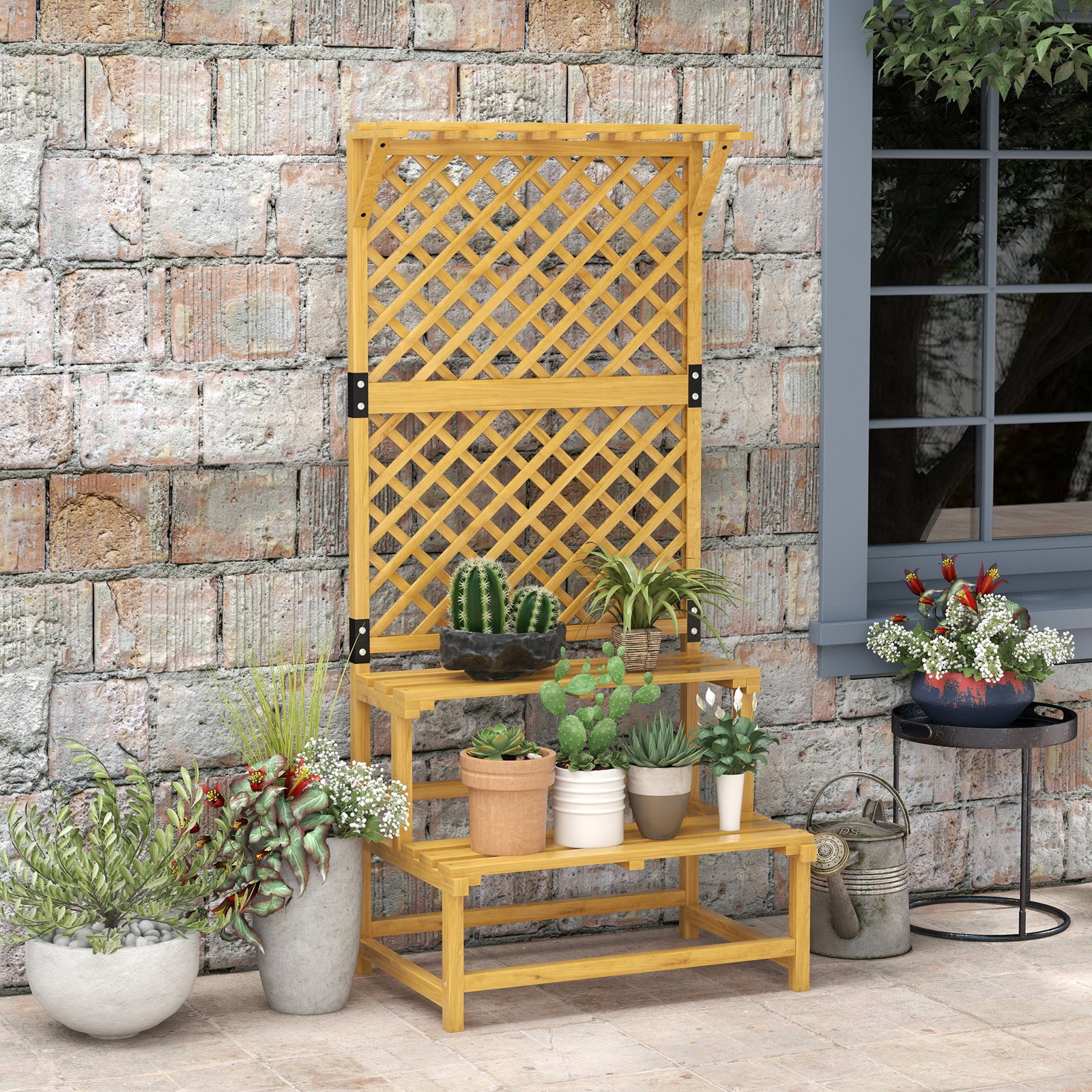 Suporte para plantas de madeira com treliça suporte para vasos de 2 níveis para jardim pátio terraço 75x50x166 cm natural