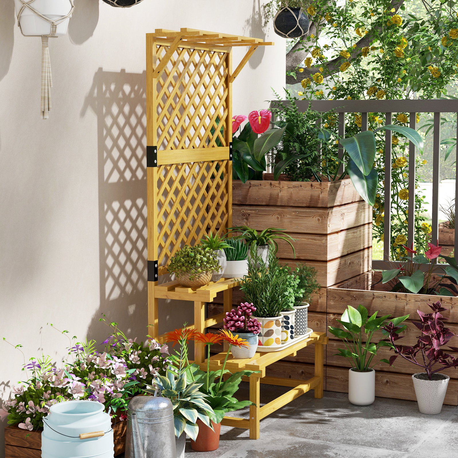 Suporte para plantas de madeira com treliça suporte para vasos de 2 níveis para jardim pátio terraço 75x50x166 cm natural