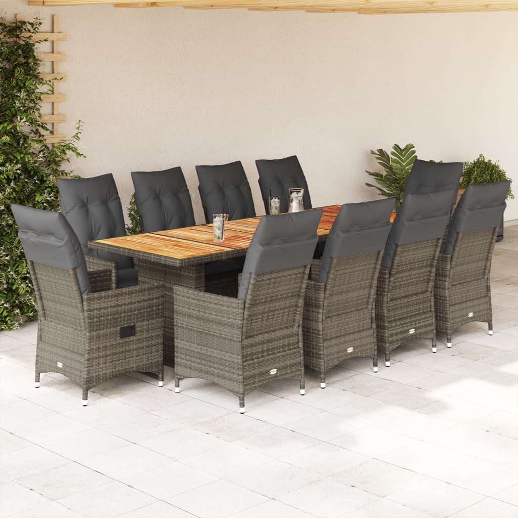 11 Pcs conjunto bistrô de jardim c/ almofadões vime PE cinzento
