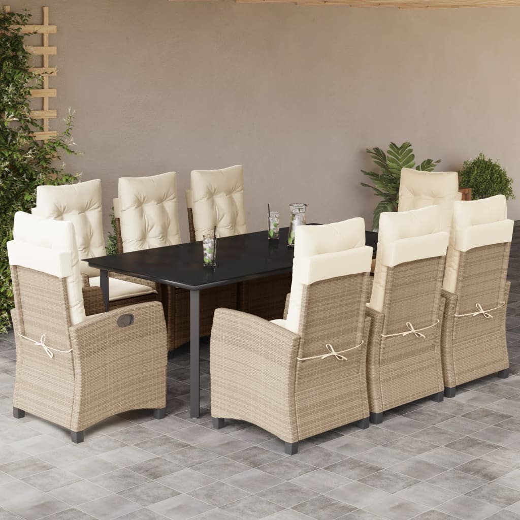 9 Pcs conjunto de jantar p/ jardim com almofadões vime PE bege