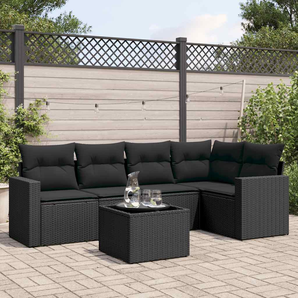 6 Pcs conjunto sofás de jardim c/ almofadões vime PE preto