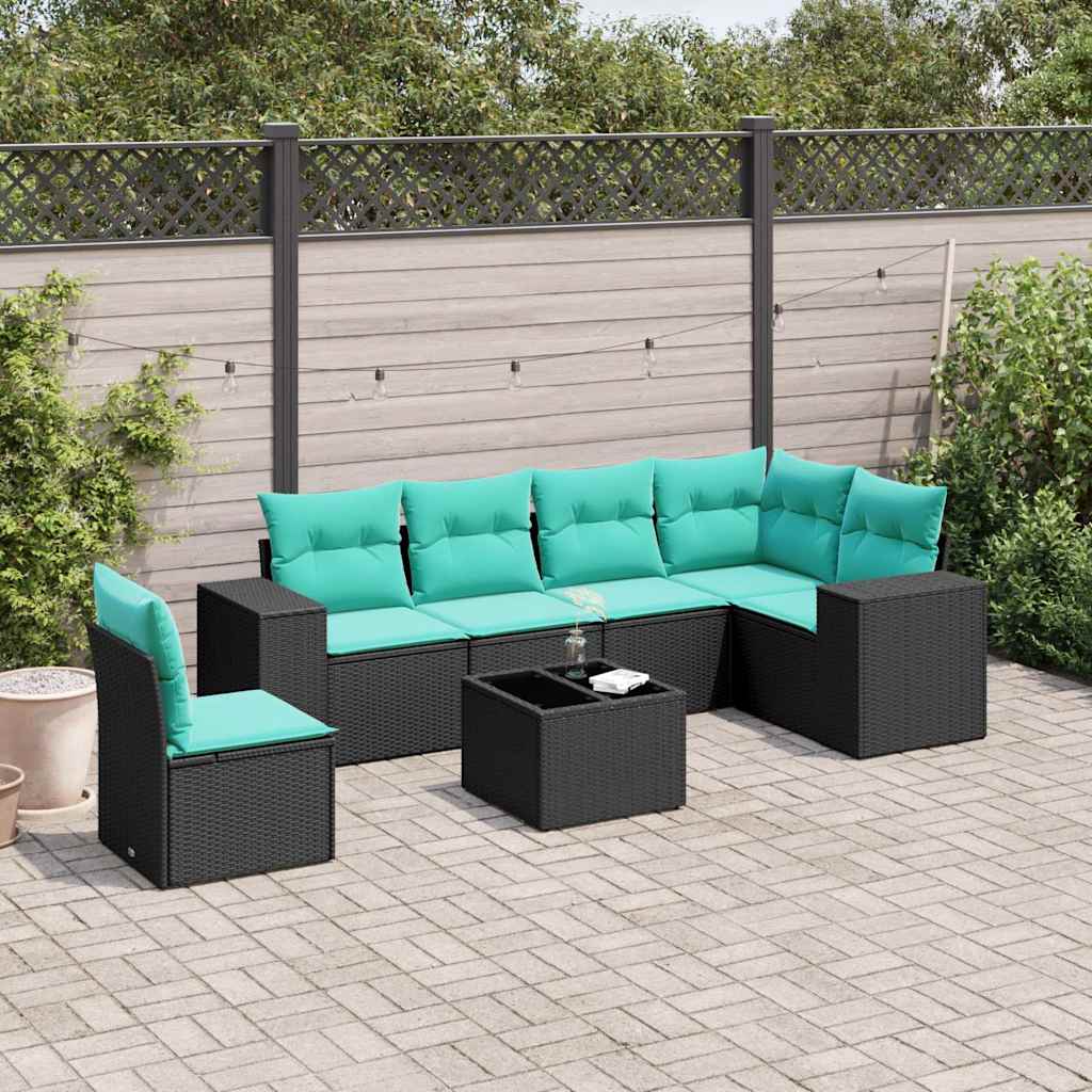 Conjunto de sofá de jardim com 7 peças e almofadas em rattan sintético preto